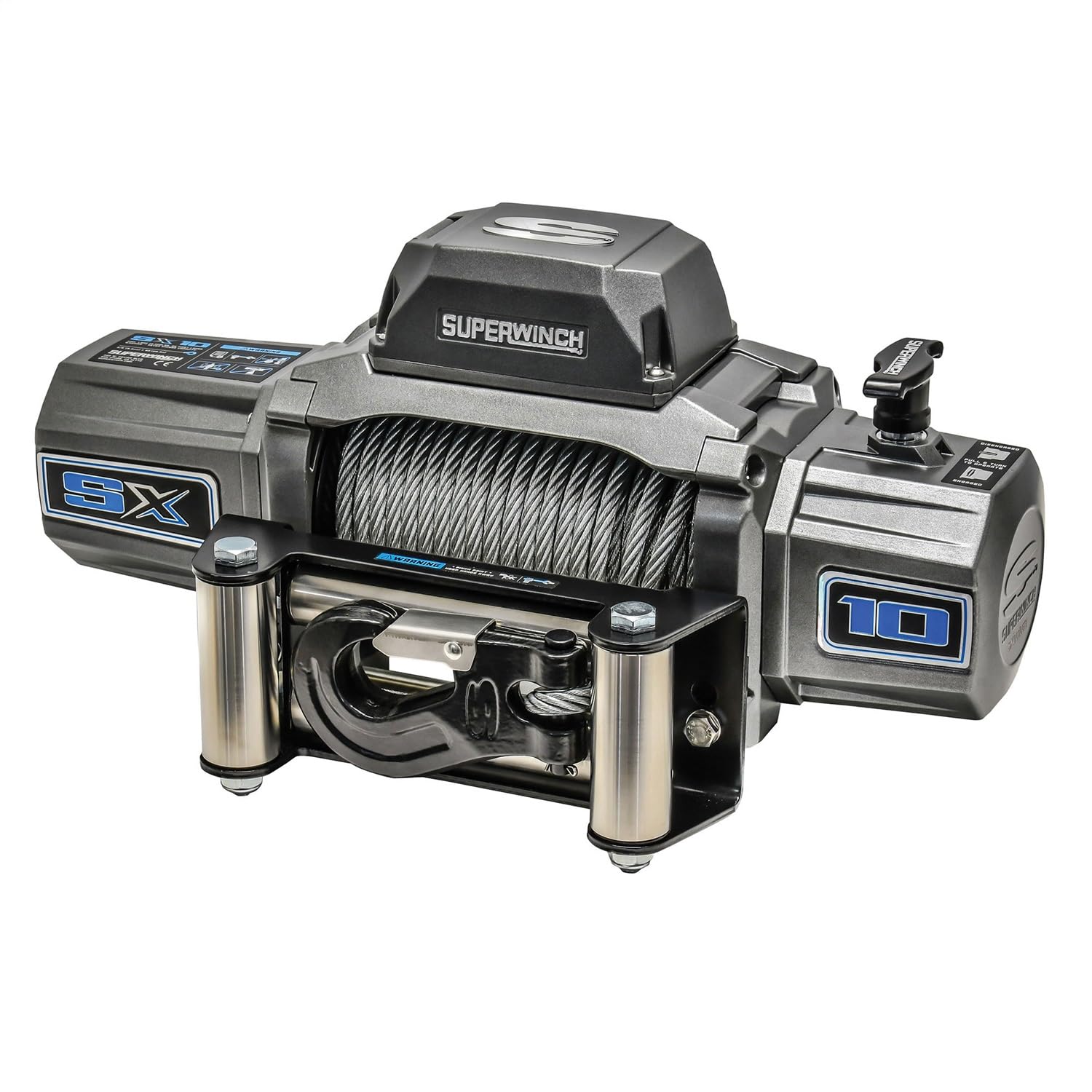 Superwinch 1710200 SX10 12V DC Electric Waterproof Recovery Winch 10,000lb/4,536kg Single Line Pull with Roller Fairlead 3/8in x 80ft Steel Wire Rope Corded Handheld Remote No-Bind Clutch