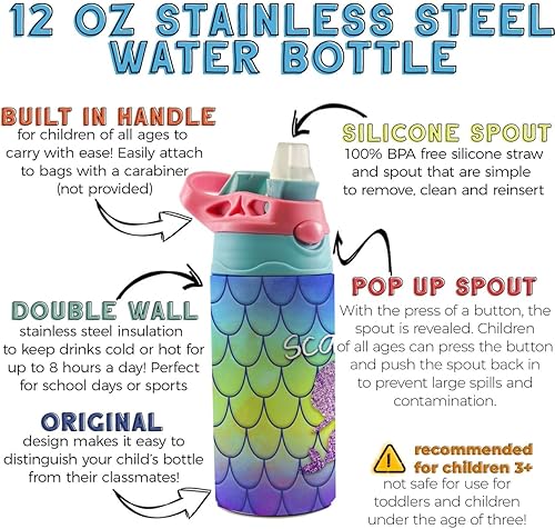 Miniatura 3 de Rainbow Mermaid Scales  Botella de agua para niños de 12 onzas con popote de silicona desplegable  Personalizar con nombre  Aislamiento de acero
