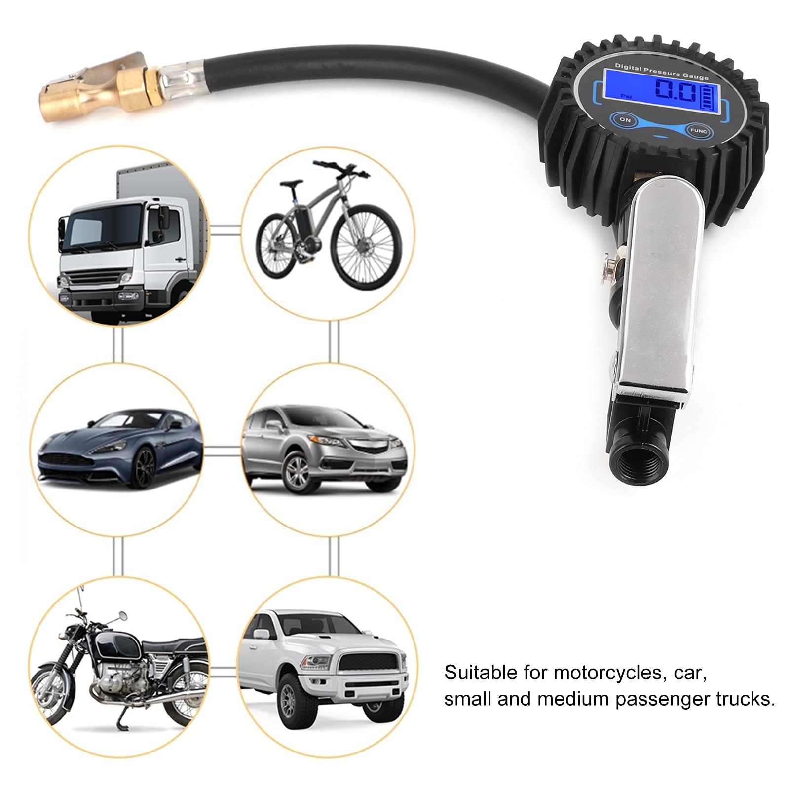 Miernik ciśnienia w oponach 200 psi do monitorowania inflatora cyfrowego wyświetlacza LCD z oświetleniem LED do samochodów, motocykli, pojazdów, stopu aluminium, miedzi, gumy