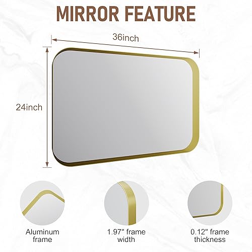 Miniatura 15 de Espejo de baño con marco de aleación de aluminio negro de 24 x 36 pulgadas, vidrio templado, espejo de baño rectangular redondeado, se cuelga