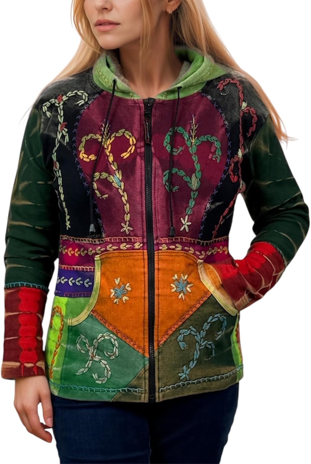 Agan Traders Women's 2026 Winter Boho Rib Knit Patch Tie-dye Hoodie Sweatshirt Jacket