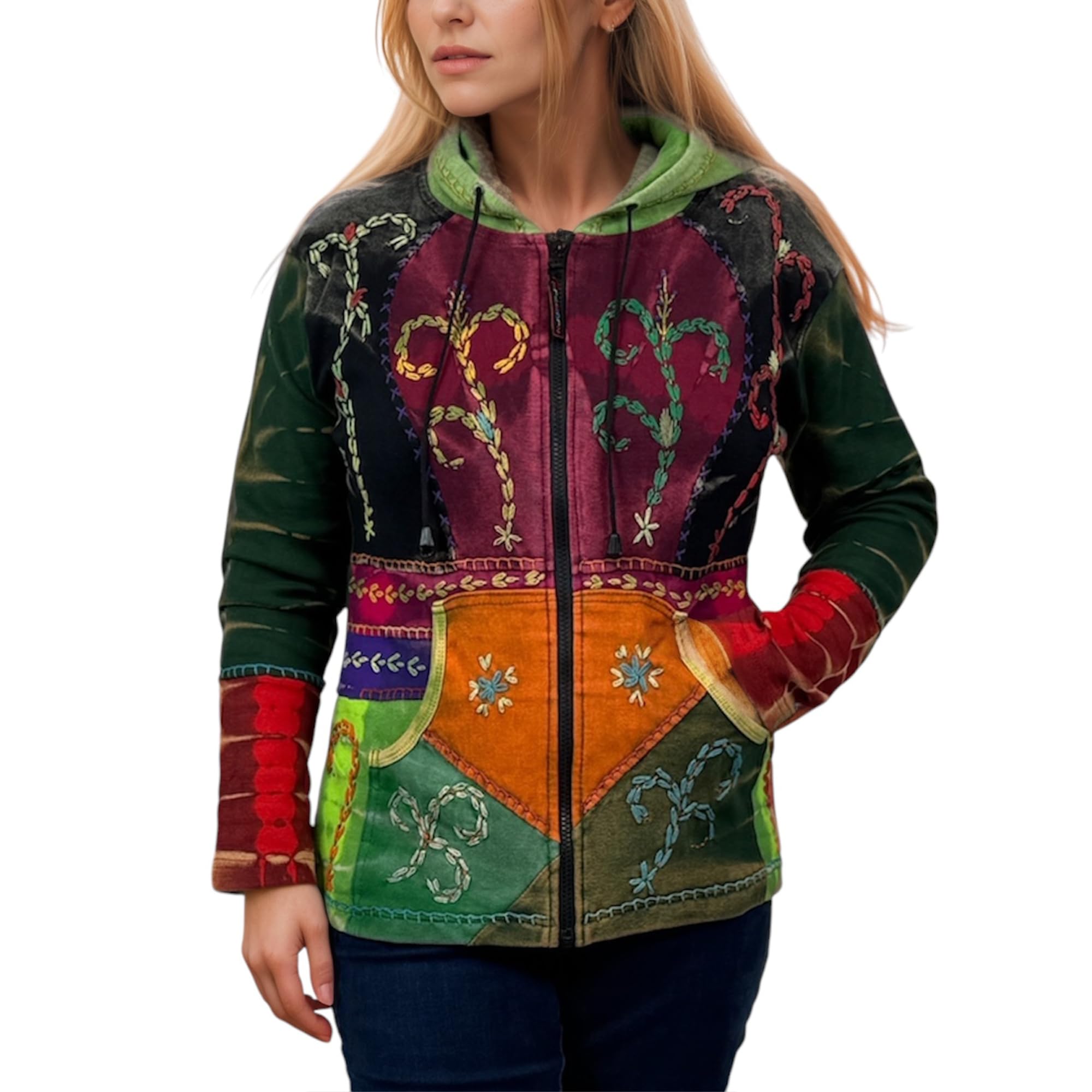 Agan TradersWomen's 2025 Spring Boho Rib Knit Patch Tie-dye Hoodie Sweatshirt Jacket