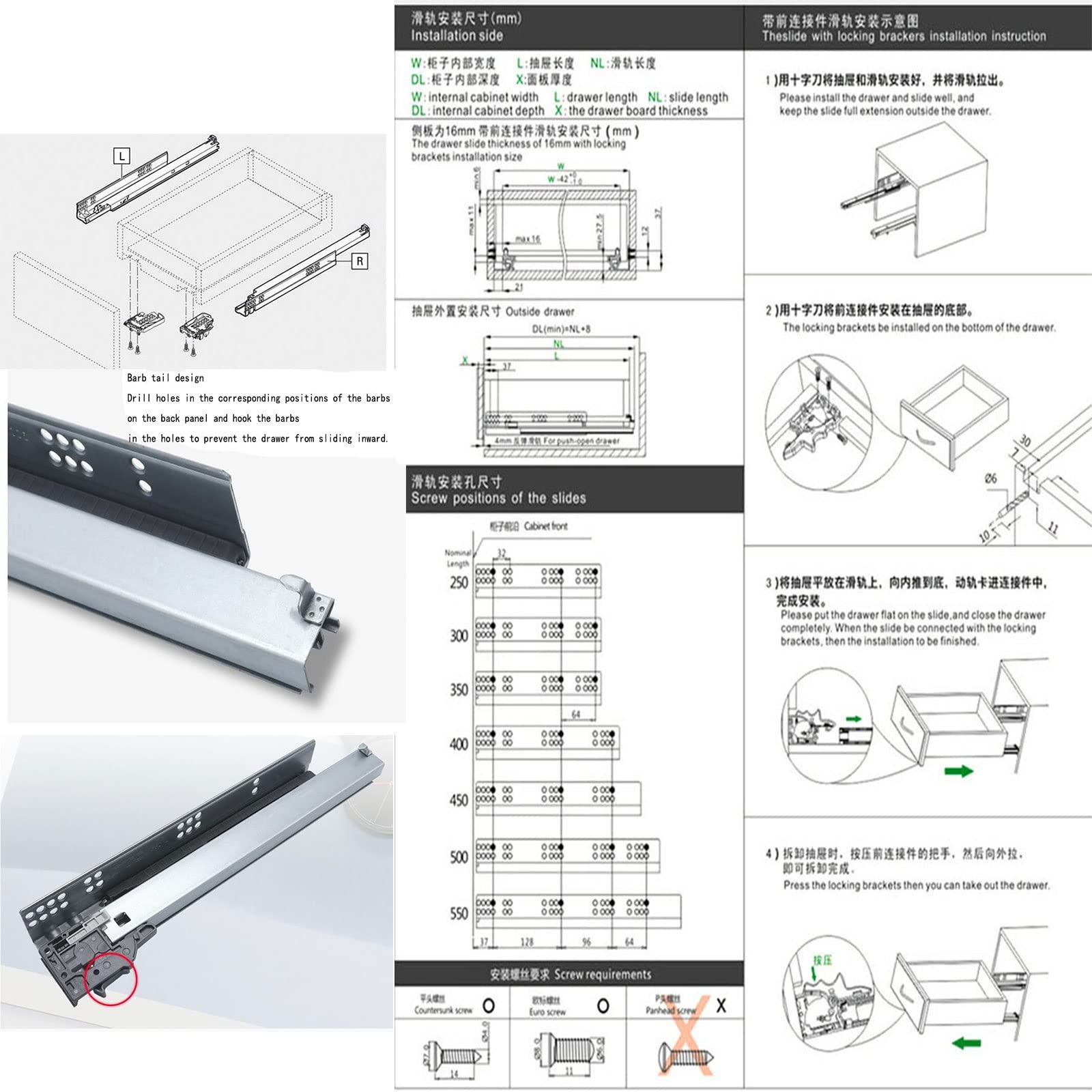 Guide scorrevoli per cassetti con chiusura ammortizzata, 350 mm, estensione completa, invisibile, ripiano nascosto, portata 40 kg