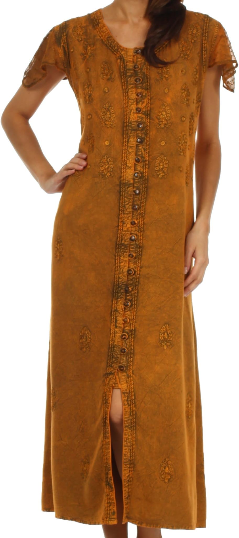 Sakkas Stonewashed Embroidered Cap Sleeve Maxi Long Dress
