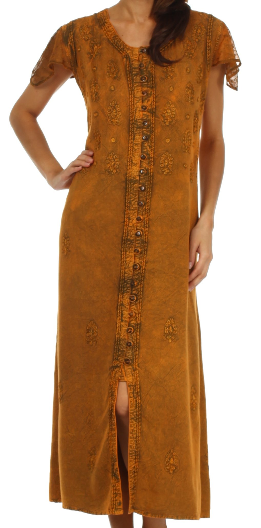 Sakkas Stonewashed Embroidered Cap Sleeve Maxi Long Dress
