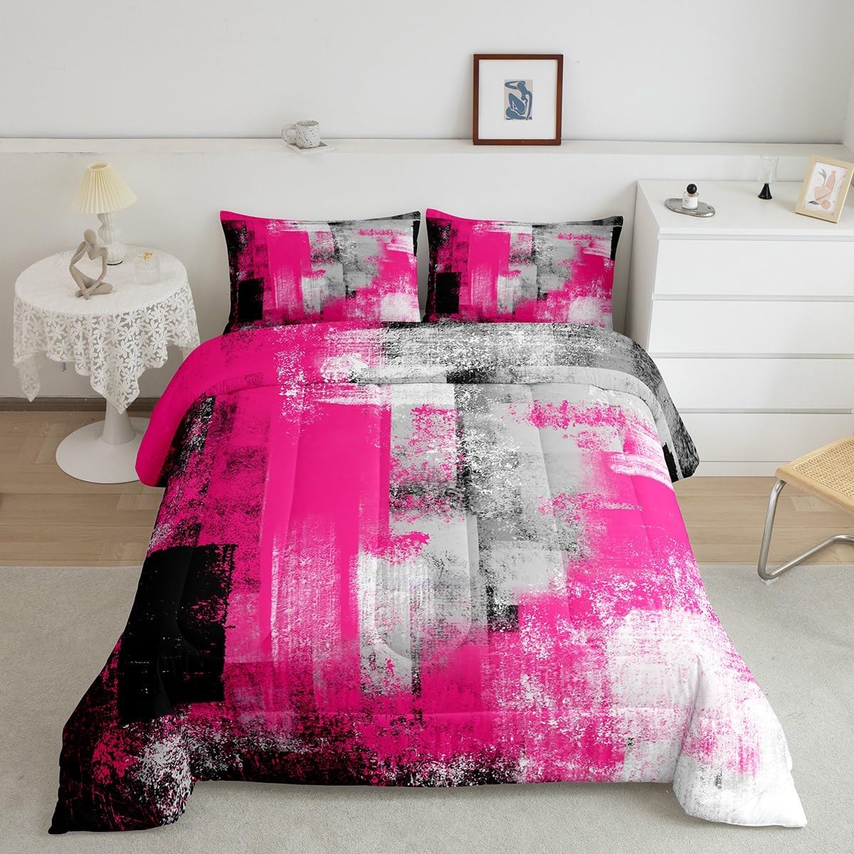 Feelyou Hot Pink Grey Bedding Set Boys Girls Queen Size Abstract Geometric Comforter Set for Kids Ultra Soft Geometric Comforter Buffalo Check Duvet Set Room Decor Quilt Set