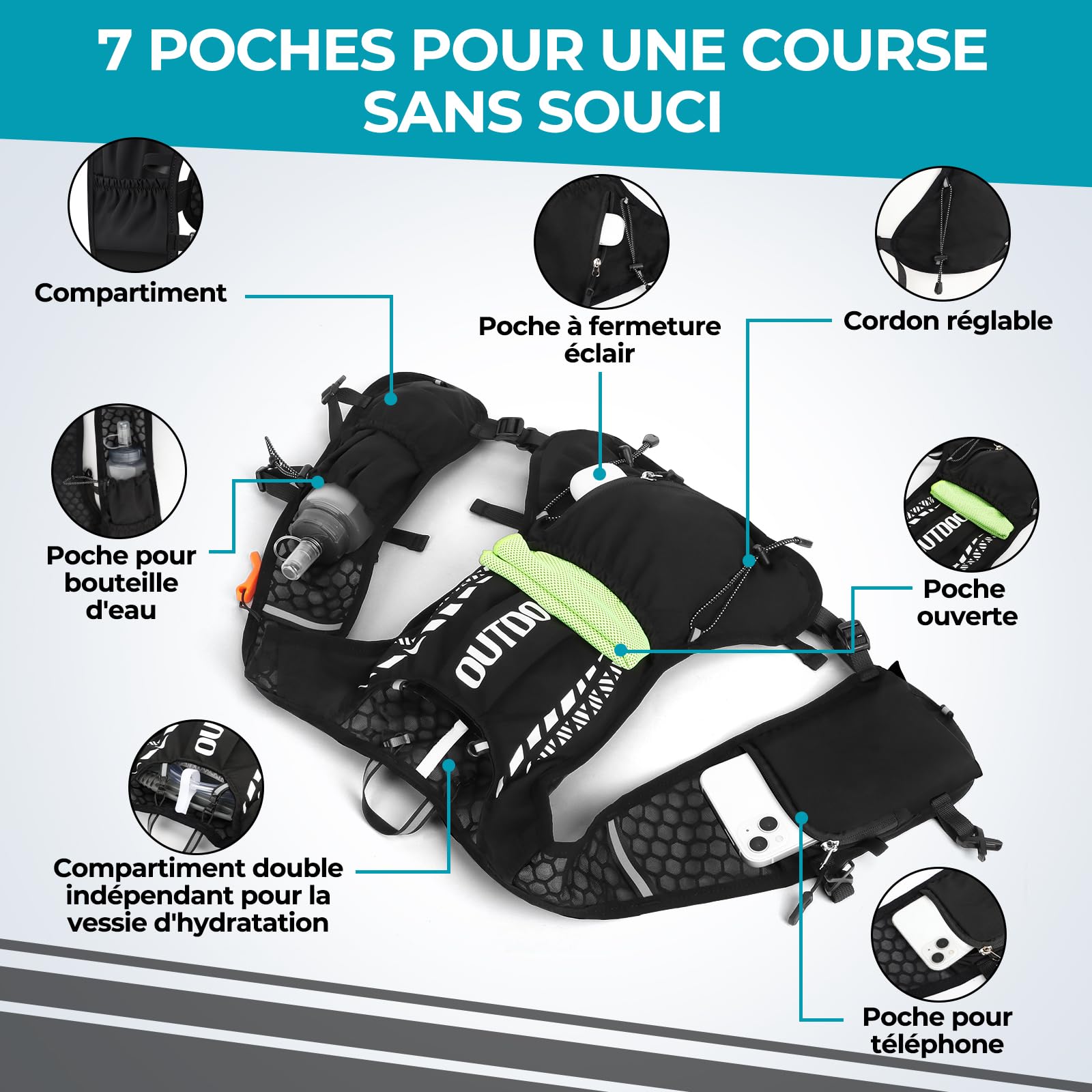 Gilet Running Hydratation Femme Homme Ultraléger 160 g, Gilet Trail Flasque 500ml, Sac Running Réglable Réfléchissant Sifflet, Poches Téléphone Course à Pied, Marathon, Trail, Randonnée