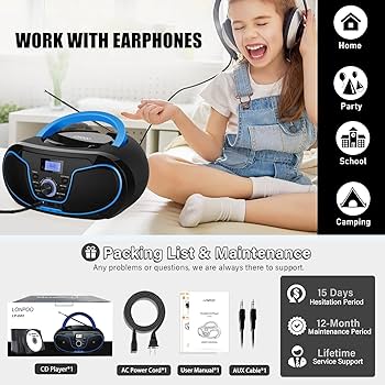 LONPOO Stereo CD Boombox Portable Bluetooth Digital Tuner FM