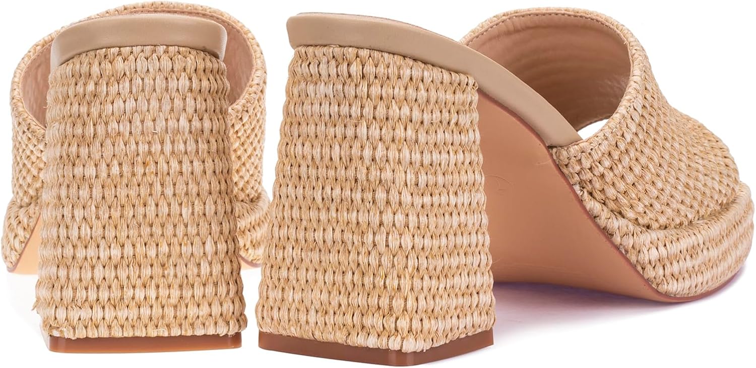 Monrovia Raffia Heeled Sandals for Women,Platform Wedge Slip On Block Heel, Dressy Summer Open Toe Chunky High Heel Vacation Beach Slides Sandals - Image 7