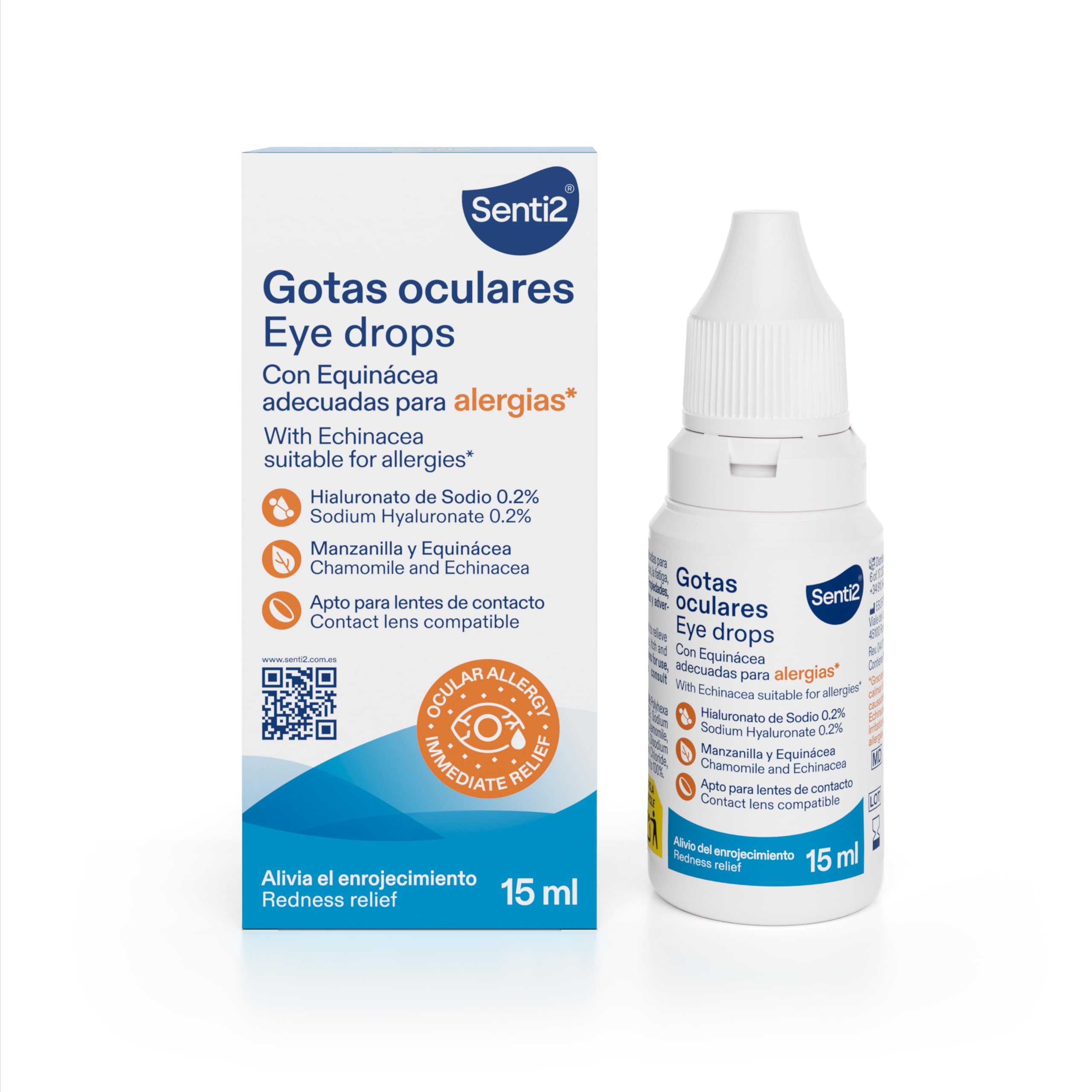 Senti2 - Gotas Hidratantes para Ojos Irritados y Secos por Alergias, Lágrima Artificial con Ácido Hialurónico 0,2% y Aptas para Lentes de Contacto, 15 ml