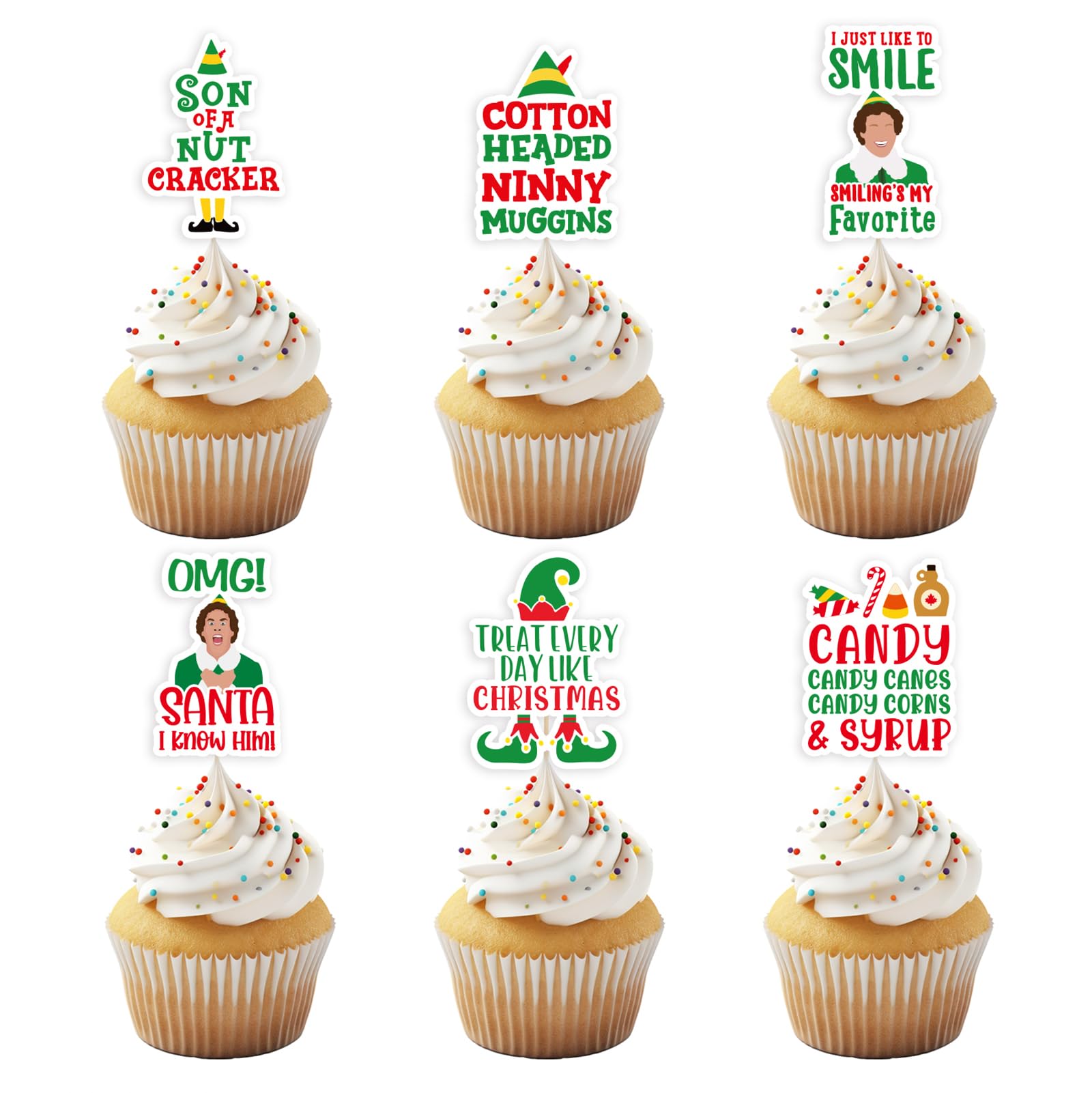 Buddy The Elf Christmas Decorations, 24Pcs Funny Elf Christmas Cupcake Toppers, Novelty Elf Theme Party Supplies, Elf Birthday Party Cake Decor, Elf Movie Merchandise, Xmas Gifts for Elf Fans