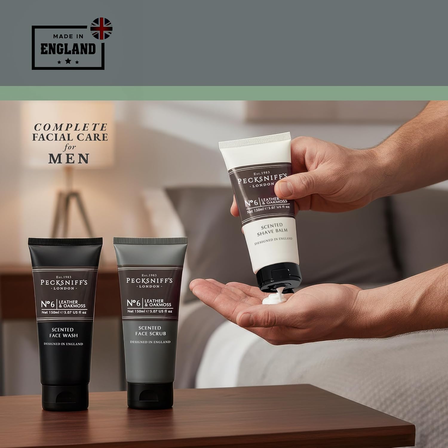 Pecksniff’s Men’s Trio Face Collection – Leather & Oakmoss – Face Wash, Scrub & Shave Balm Gift Set, 3 x 75ml