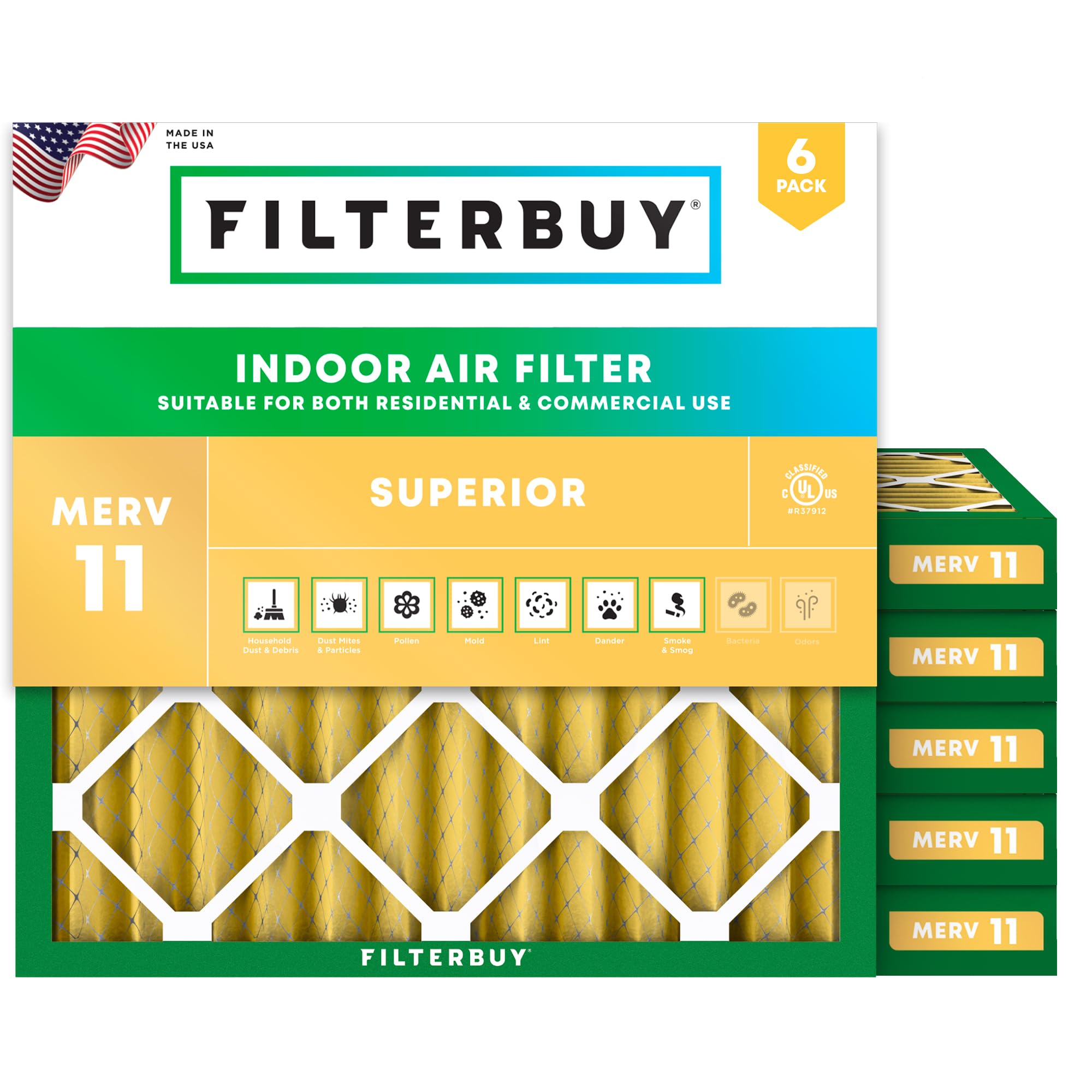 Filterbuy 18x18x2 Air Filter MERV 11 Superior Pet & Allergy Defense (6-Pack), Electrostatic Pleated HVAC AC Furnace Filters Replacement (Actual Size: