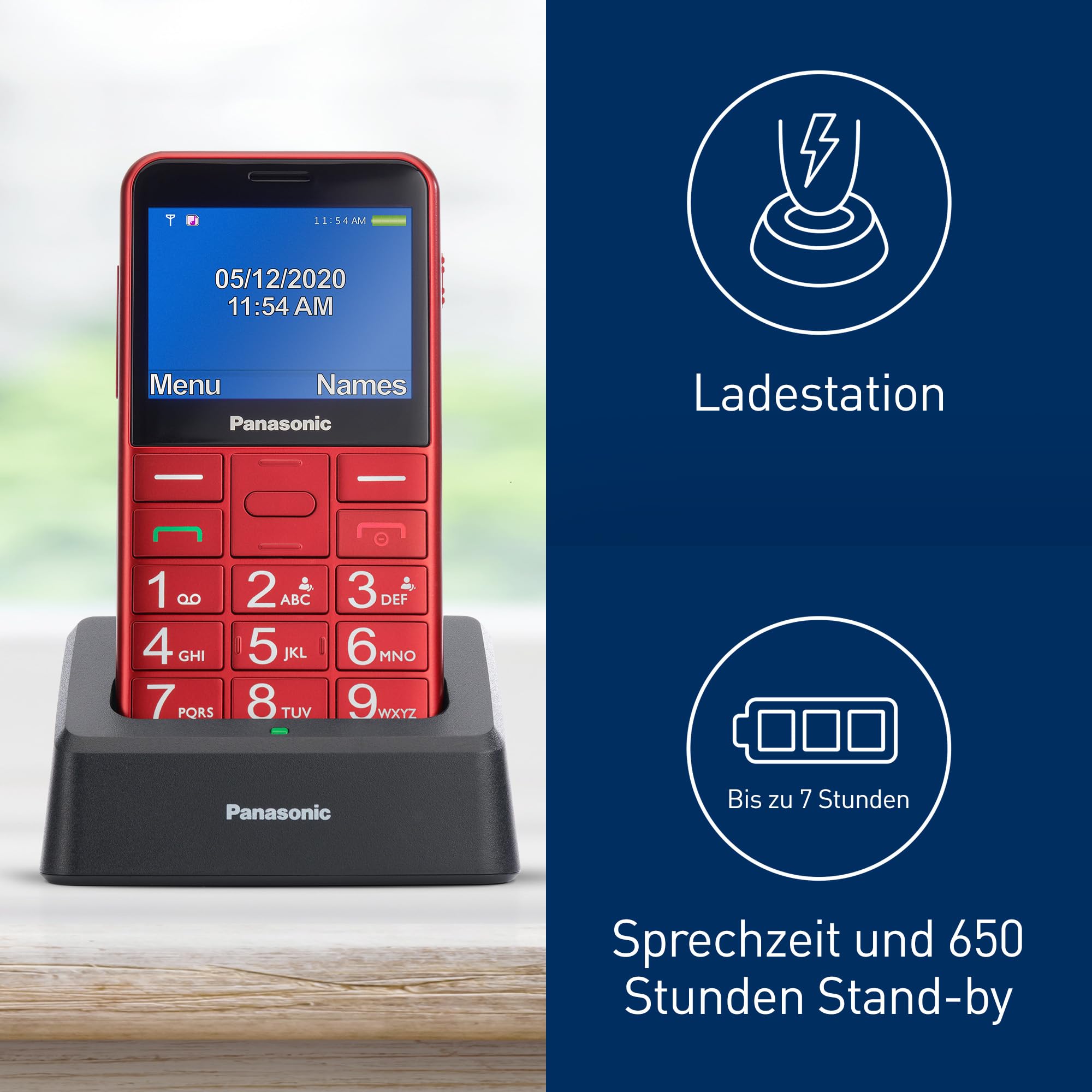Panasonic KX-TU155EXRN 2G Essentials Handy für Senioren (Ladestation, SOS-Notfalltaste, Prioritätsanruf, Großtastentelefon, hörgerätekompatibel, Bluetooth, UKW-Radio, Kamera) Rot