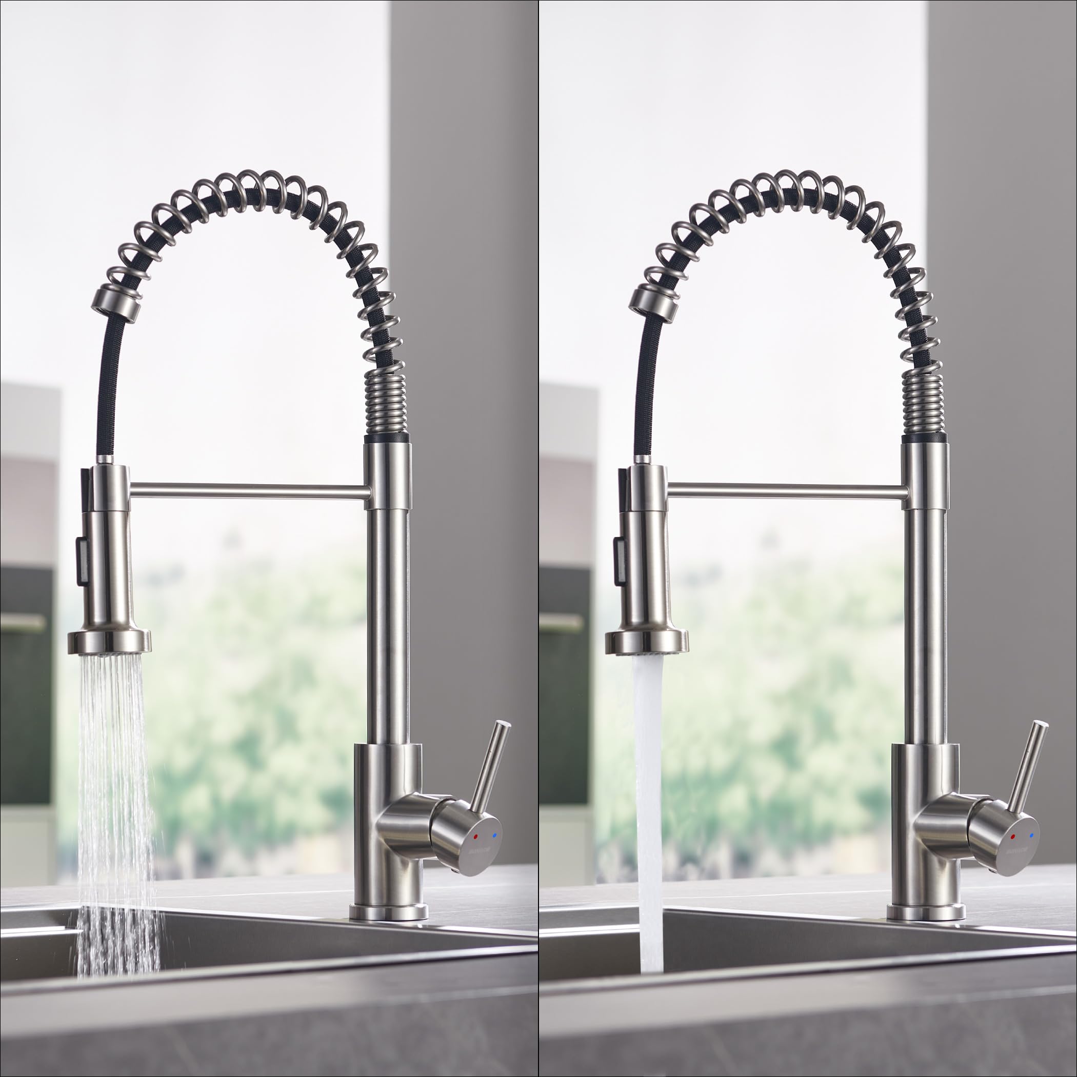 BONADE Grifo de cocina de baja presión, extensible, con muelle en espiral con ducha, grifo de cocina giratorio 360°, grifo mezclador de cocina con 3 conexiones para caldera, grifo de fregadero de