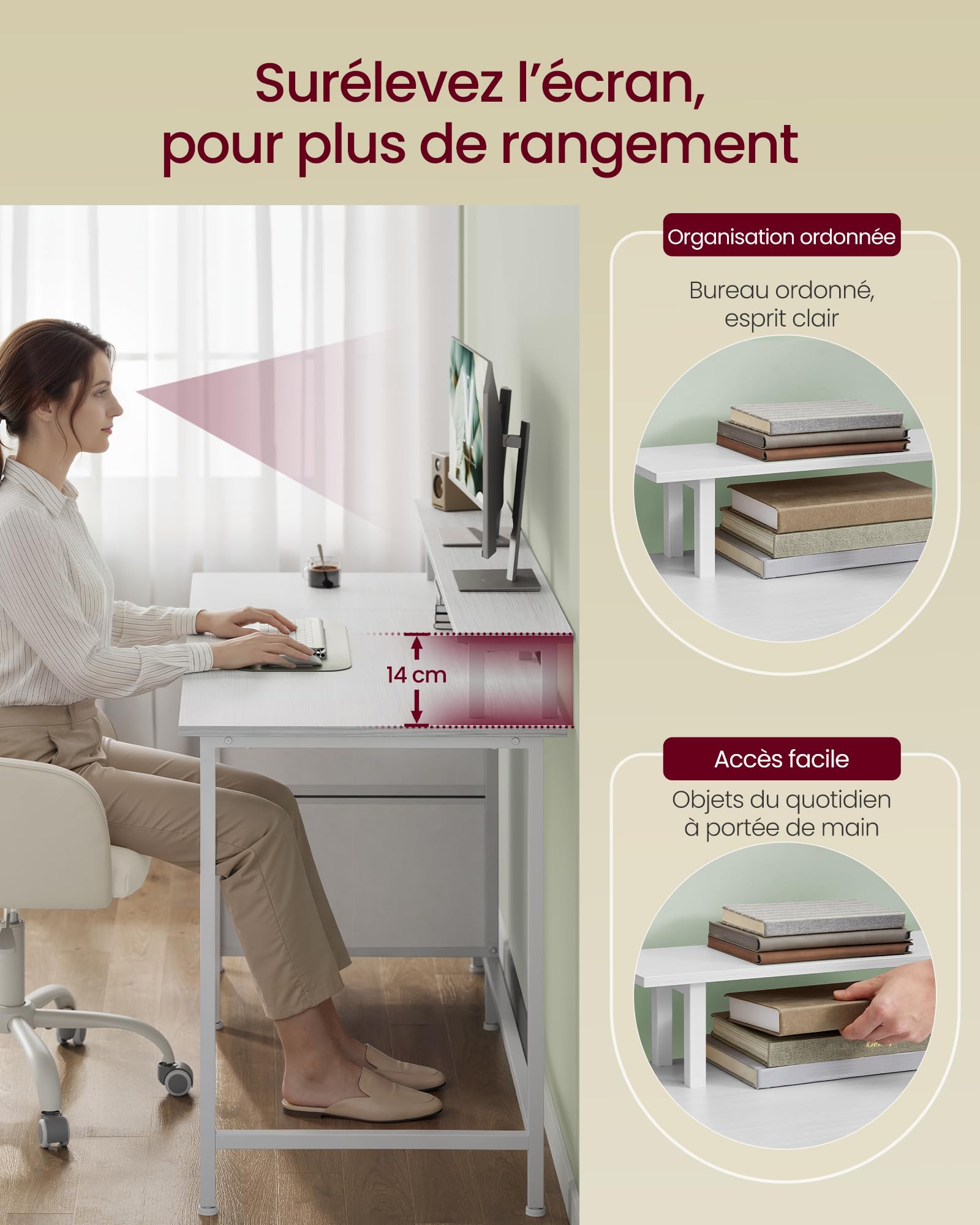 VASAGLE Bureau Gaming, avec Tiroirs en Tissu, Table Informatique avec Support d'Écran, Multiprise, 2 Ports USB, pour Bureau à Domicile, 140 x 60 cm, Blanc Érable LWD094W01V1
