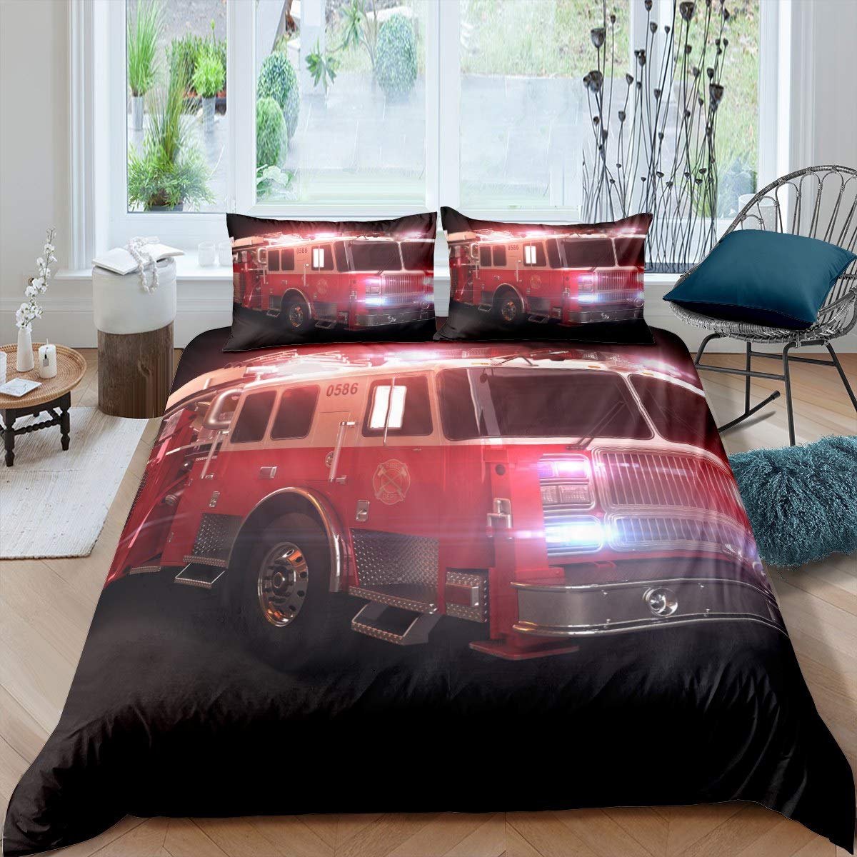 Feelyou Fire Truck Duvet Cover Fire Emergency Rescue Bedding Set for Kids Boys Girls Vehicle Transportation Comforter Cover Firefighter Bedspread Cover with 1 Pillowcase 2Pcs Twin Size