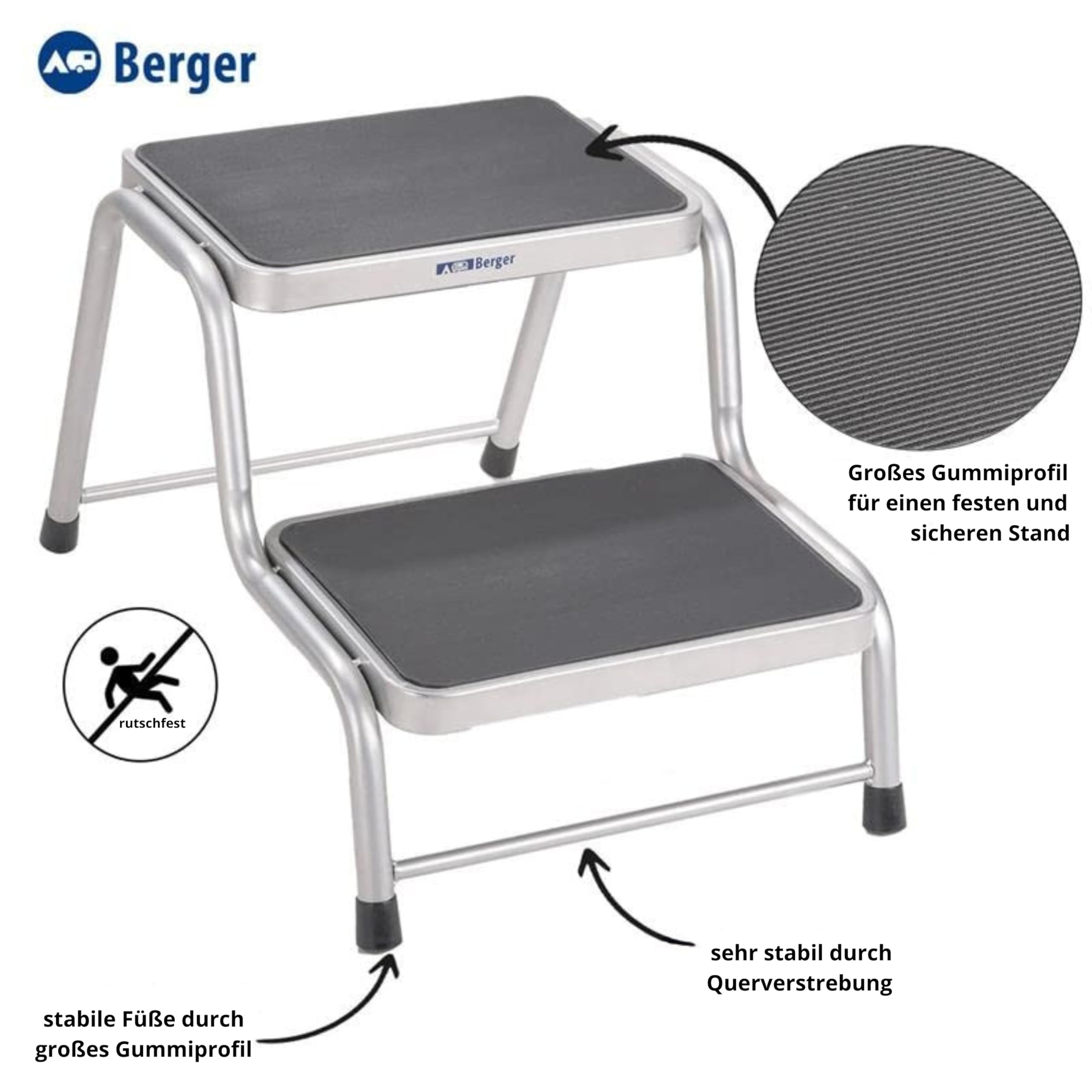 Berger | Marche-Pied Double pour Camping Car | Escabeau | Accès Caravane, Garage, Bateau | Tabouret en Acier 150 kg | Marche Pied | Escalier pour Caravane, Camping Car | Accessoire Camping Car