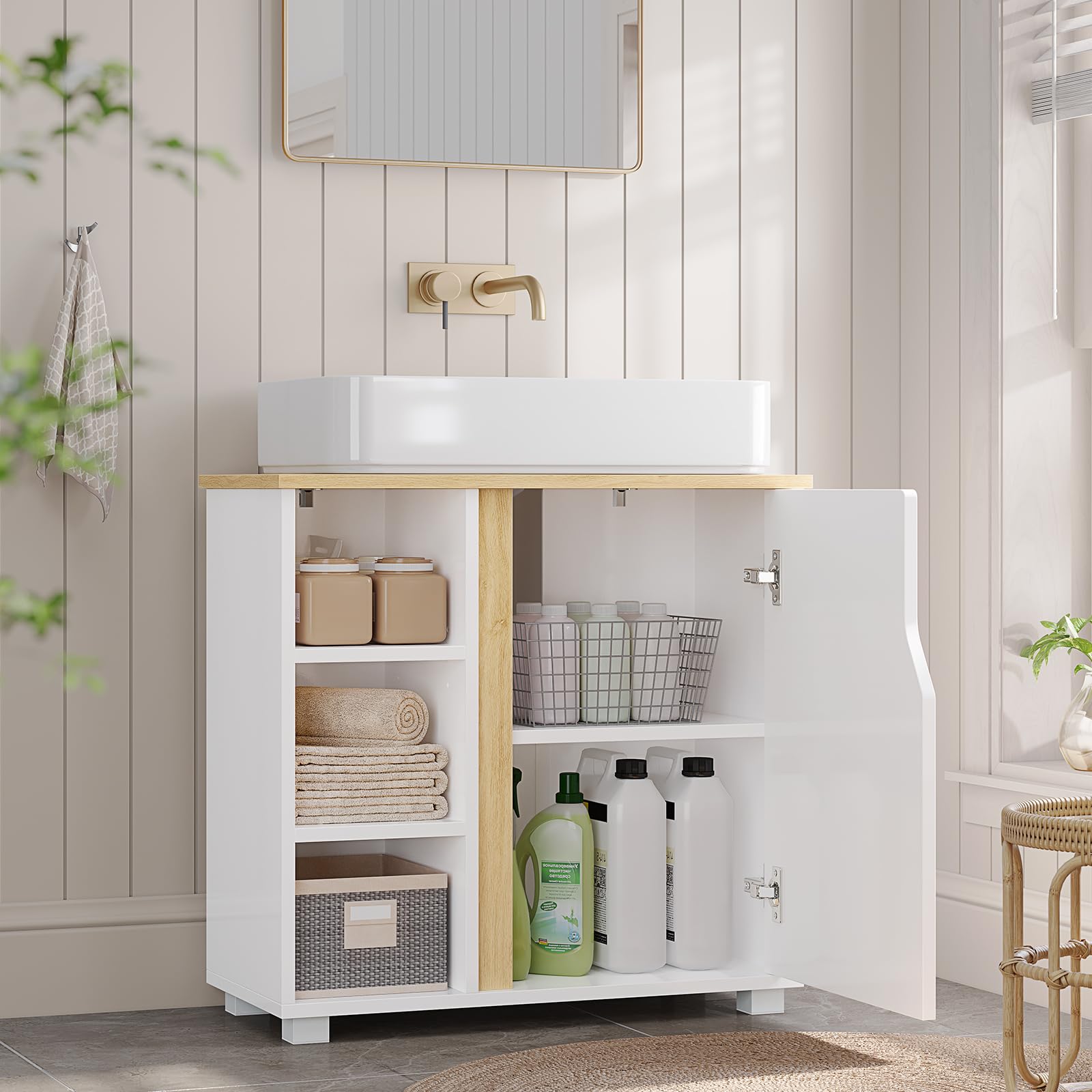 Meuble sous Lavabo Salle de Bain, Meuble Salle de Bain avec Étagère Réglable, Compartiments Fermés, 3 Étagères Ouvertes, 4 Pieds en Bois, Armoire de Rangement pour Vasque, 60x30x60cm, Blanc