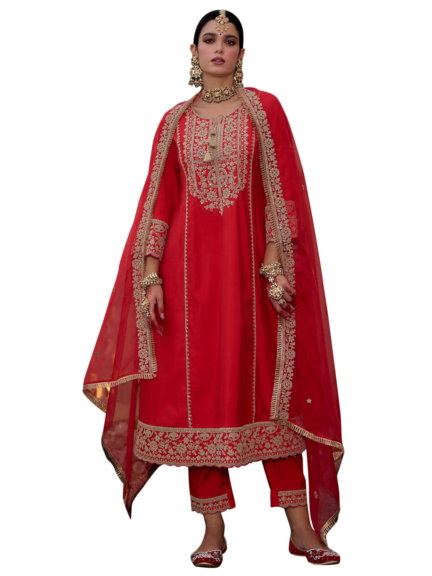 Womens Silk Blend Embroidered A-Line Kurta Pant Dupatta Set (IEOUT6972)-image-36