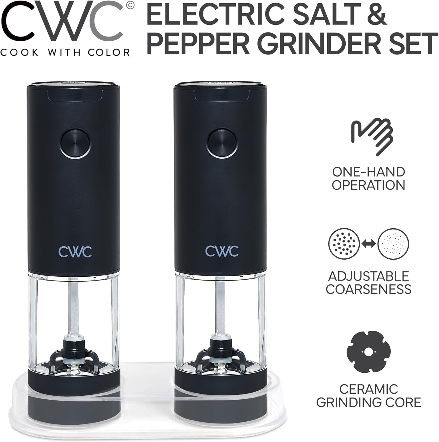COOK WITH COLOR Set Of 2 Electric Salt And Pepper Grinder Set, Pepper Mill Shakers, Automatic Adjustable Coarseness, For Peppercorns, Spices, Battery, Led Light, 6.3" x 3" x 7.7", Black