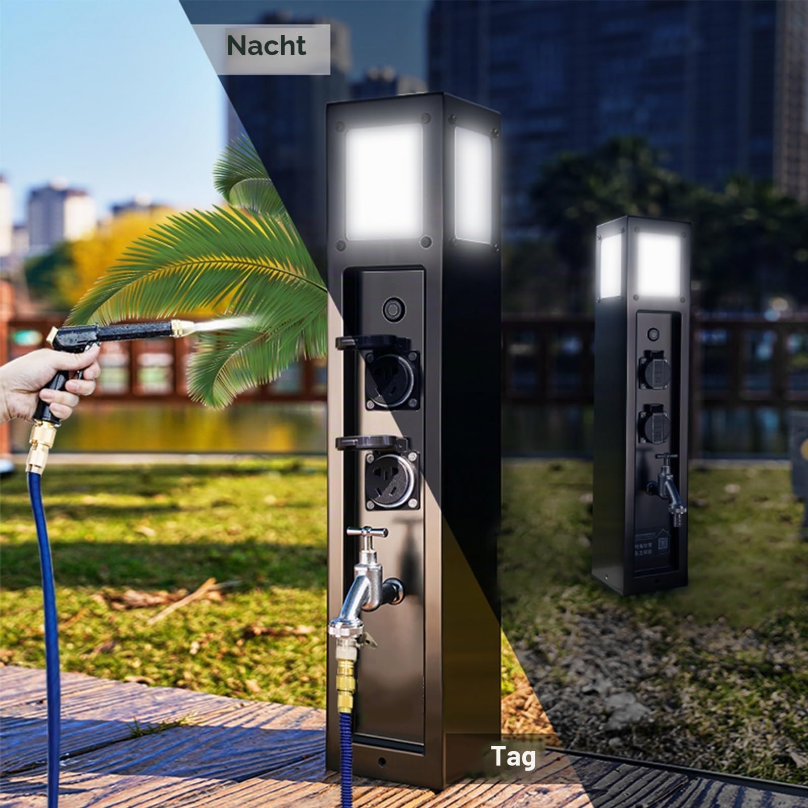 Intelligente Wassersäule für den Außenbereich, Multifunktionaler Wasserhahnpfosten mit Steckdose und Beleuchtung, Hydranten-Wasser- und Stromsäule