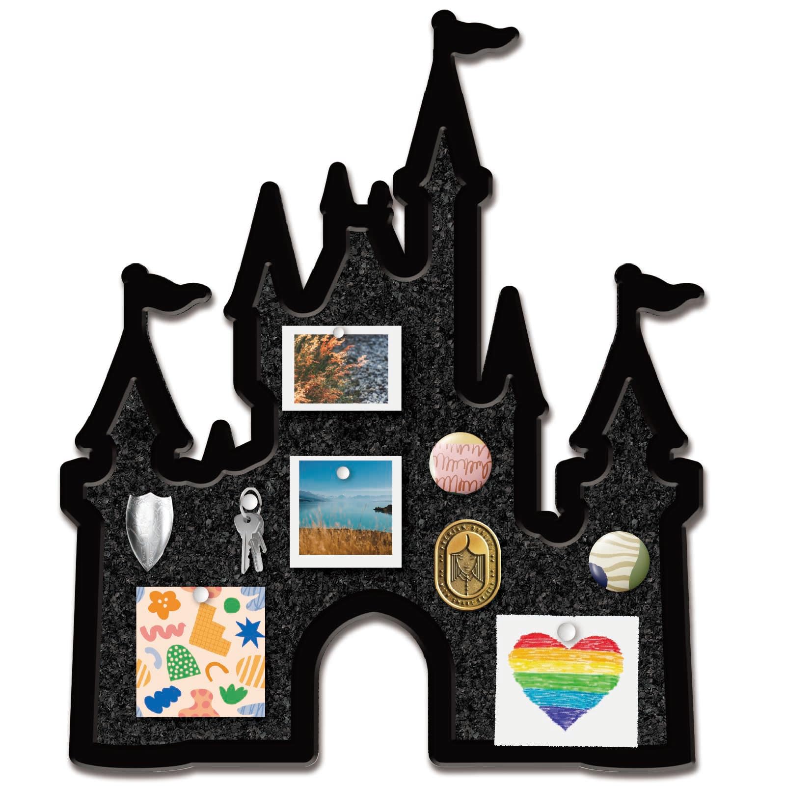 CRASPIRE Castle Pin Board Cork 11.8x9.8In Black Wall Mounted Framed Bulletin Display Badge Wooden Decorative Corkboard Memory Memo Brooch Lapel Holder Storage for Office School Classroom Wedding Decor