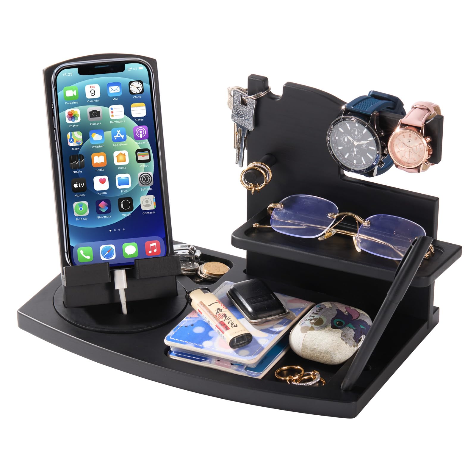 ELEVAT Gifts for Men Christmas Wood Phone Docking Station Desk Organizer Fathers Gifts Anniversary Birthday Gifts for him Xmas Presents for Husband Nightstand Key Wallet Stand for Men, Boyfriend, Dad