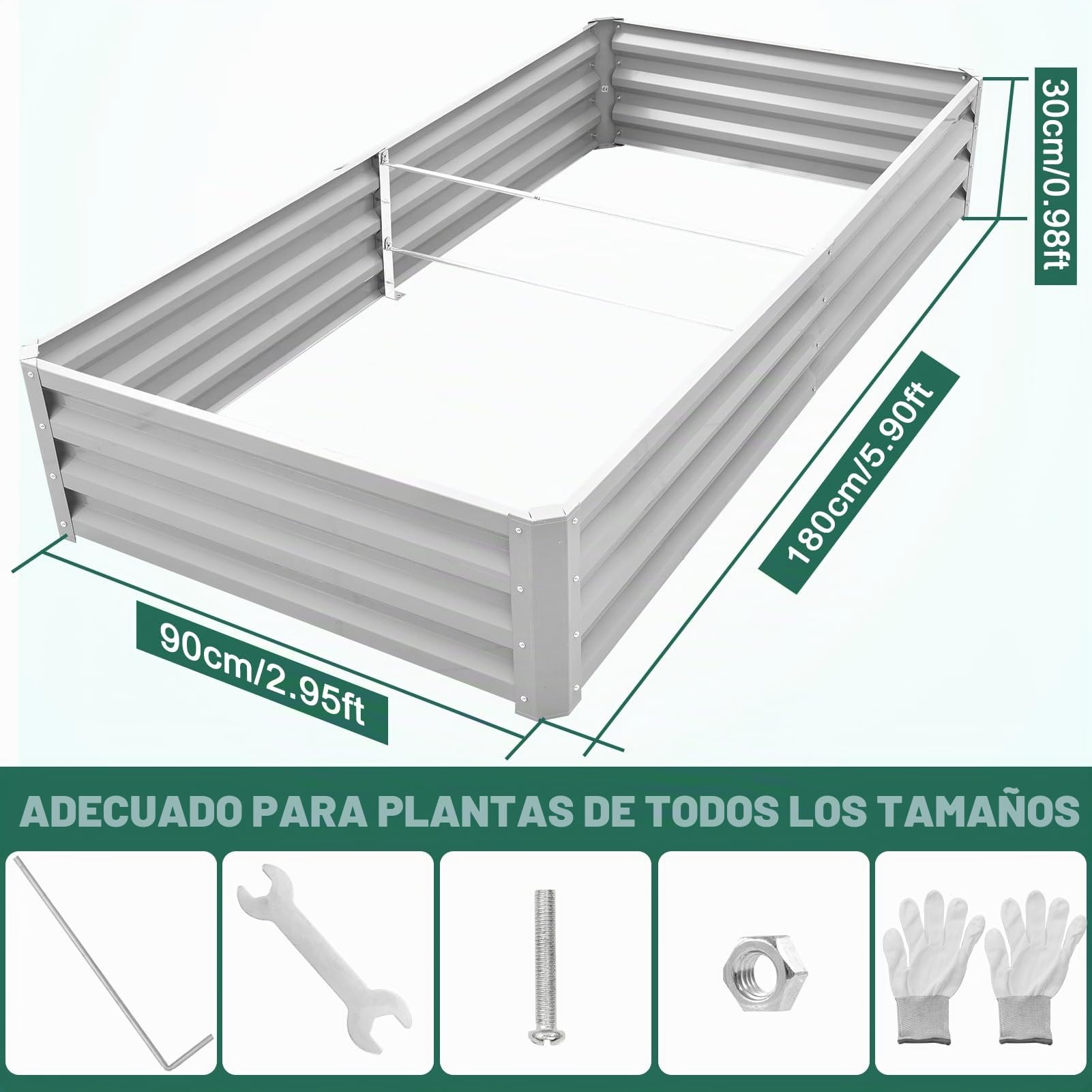 Bancal alto de metal 180 x 90 x 30 cm, acero galvanizado para el jardín, jardinero, jardinera, jardinera elevada para verduras, hierbas, flores, jardín, plata, rectángulo