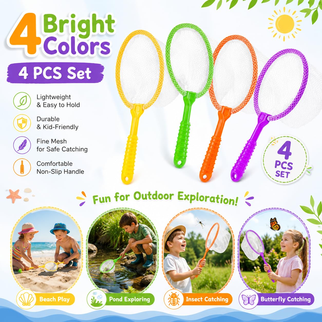 4 Stück Fischernetz, Schmetterlingsnetze aus Kunststoff, Frühlernwerkzeug, Outdoor-Fischernetz, Insektenfängernetze, Insektenfängernetze, Ideal für Badewanne, kompaktes Outdoor-Spielzeug