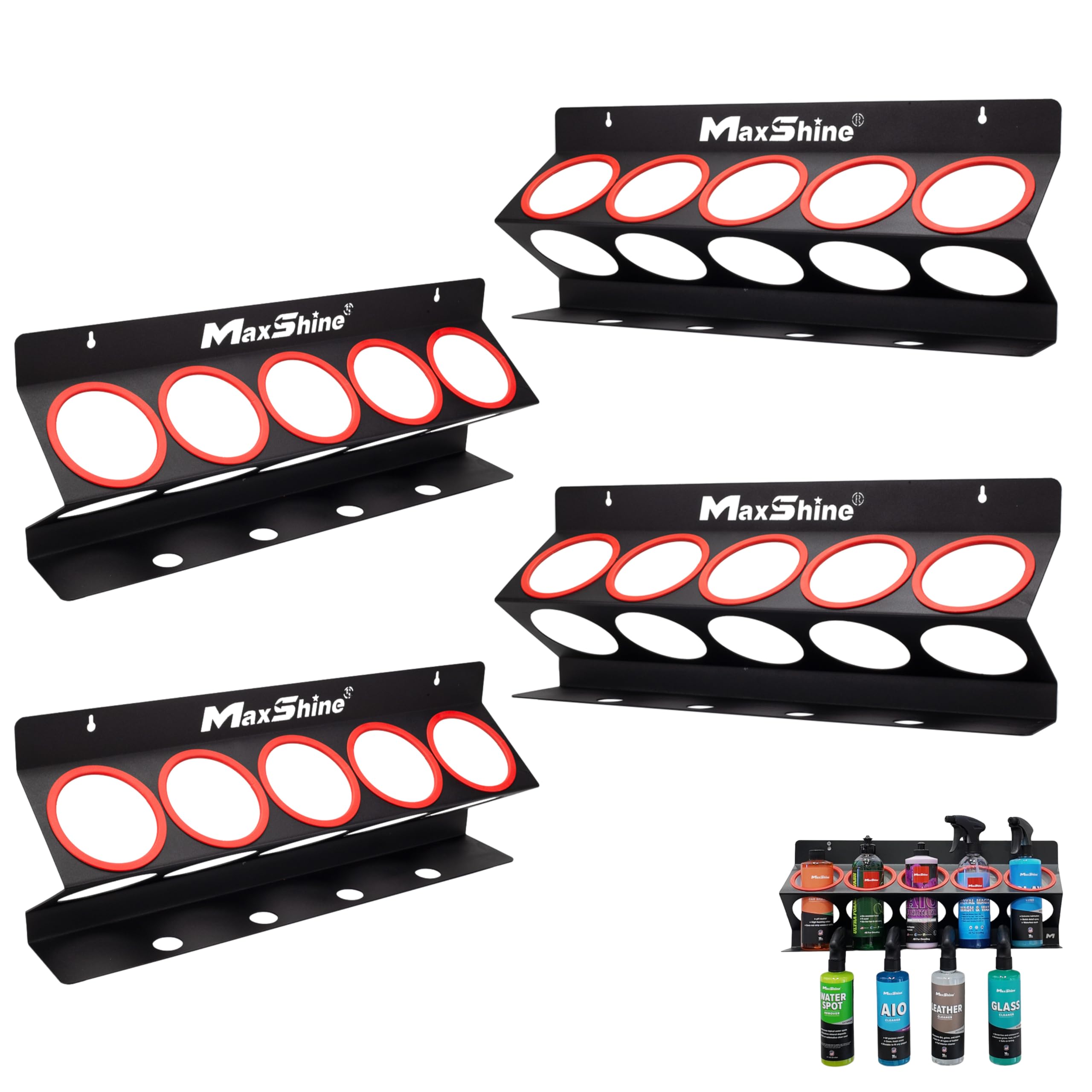 Maxshine Universal Detailing Spray Bottle Holder (4-Pack) – Mobile Detailing & Car Garage Organizer, Holds 5 Bottles (16/32oz) with 4 Small Holes – Lightweight Design, Easy Wall Mounting (Blank)