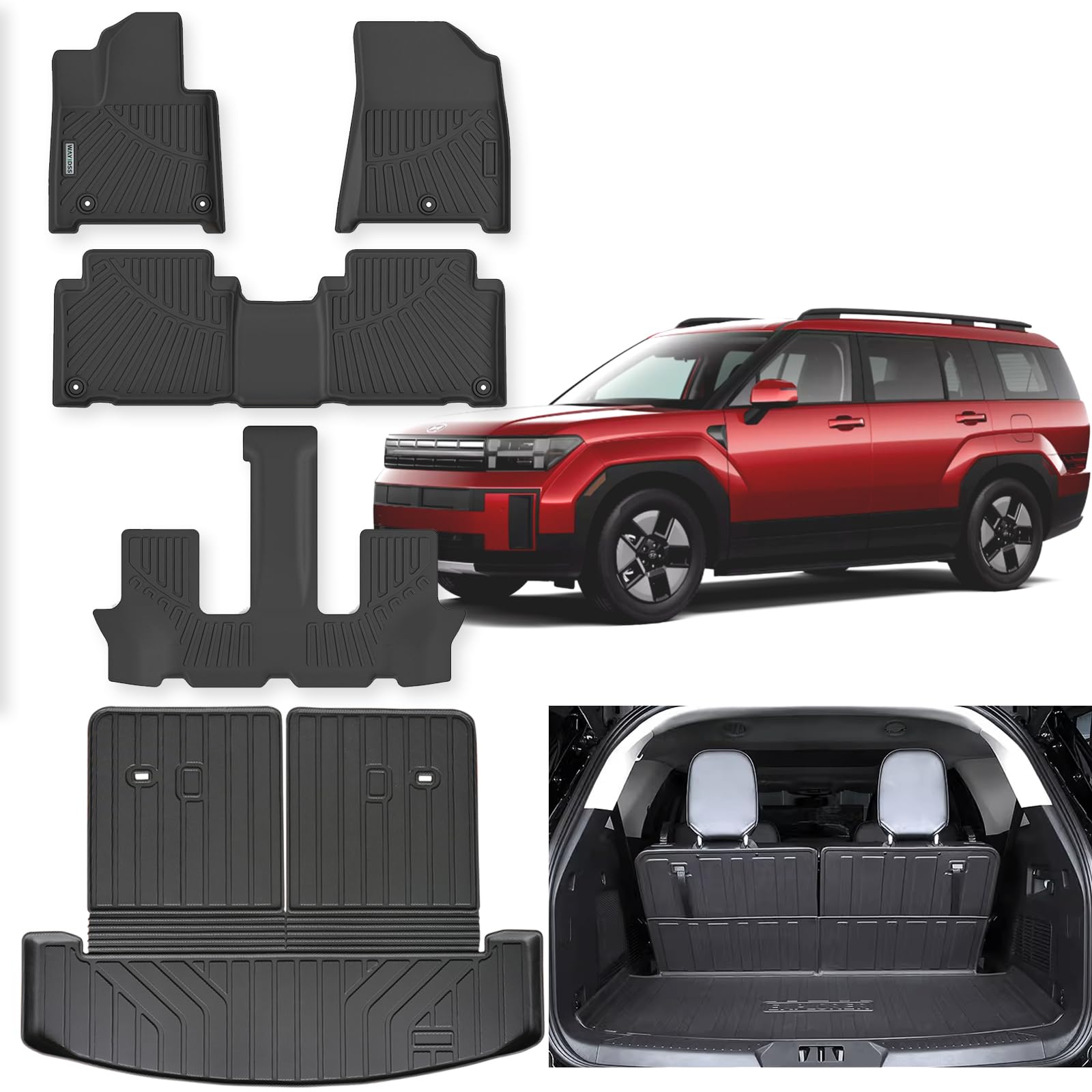 WAYIDSS Floor Liners & Large Cargo Liners for 2024 2025 Hyundai Santa FE Hybrid (Non Pure Gasoline Version),TPE All Weather Protection Car Floor Mats with Large Trunk Mat Covering The backrest