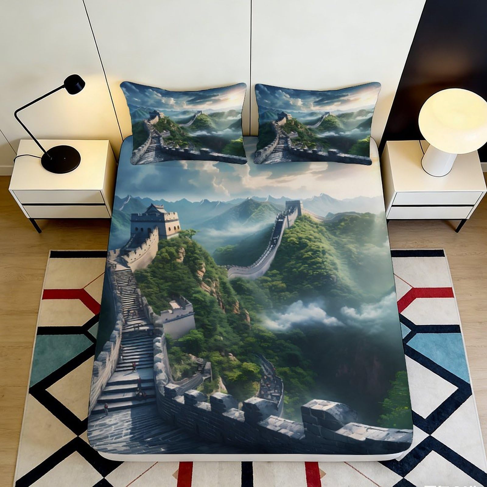 3D Printed Great Wall Landscape Fitted Sheet Microfiber Soft Breathable Mountain View Mattress Cover for Bedroom Decor 90x200x25cm