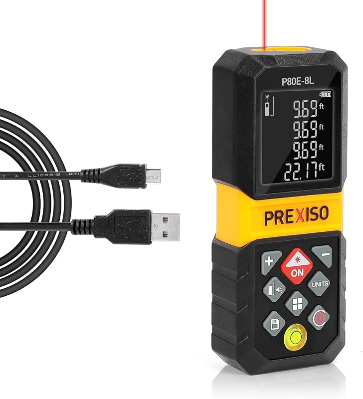 Herramienta de medición láser, cinta métrica láser recargable de 265 pies (M/in/Ft) | LCD retroiluminada con pantalla de 4 líneas, modos pitagórico/distancia/área/volumen, modo silencio y memoria de 30 registros, 3 puntos de referencia