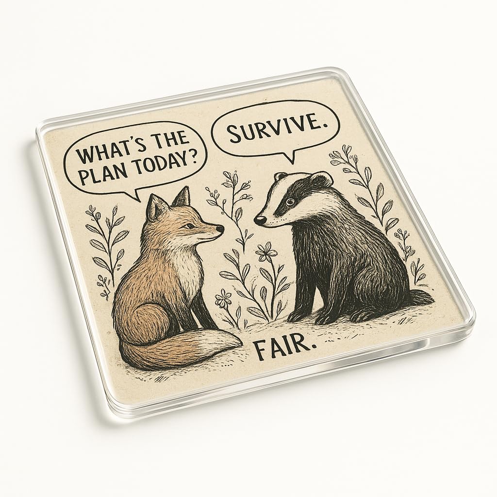 Whimsical Acrylic Coaster Gift - Intricately Sketched Woodland Design with Fox and Badger Conversation for Reflective Moments