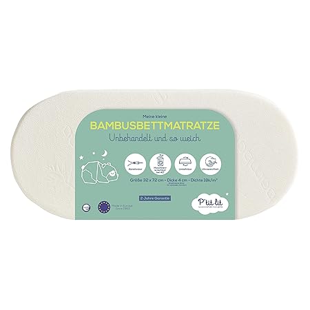 P'tit Lit - Bamboe matras (60% polyester en 40% bamboe) voor wiegen - 72x32 cm - Zachte en zijdezachte viscose voor baby - Perfect voor kinderwagen en wieg - Omkeerbaar - Afneembare hoes