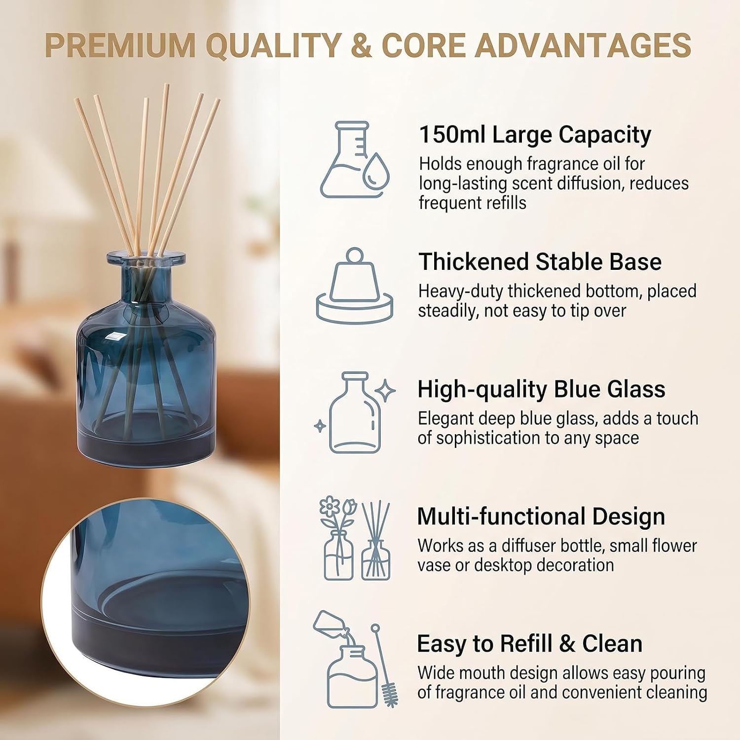 150ml/5oz Glossy Blue Modern Decorative Glass Diffuser Bottle, Empty Refillable Reed Diffuser Replacement Jar, Small Bud Vase Aromatherapy Container for DIY Fragrance Home Office Decor