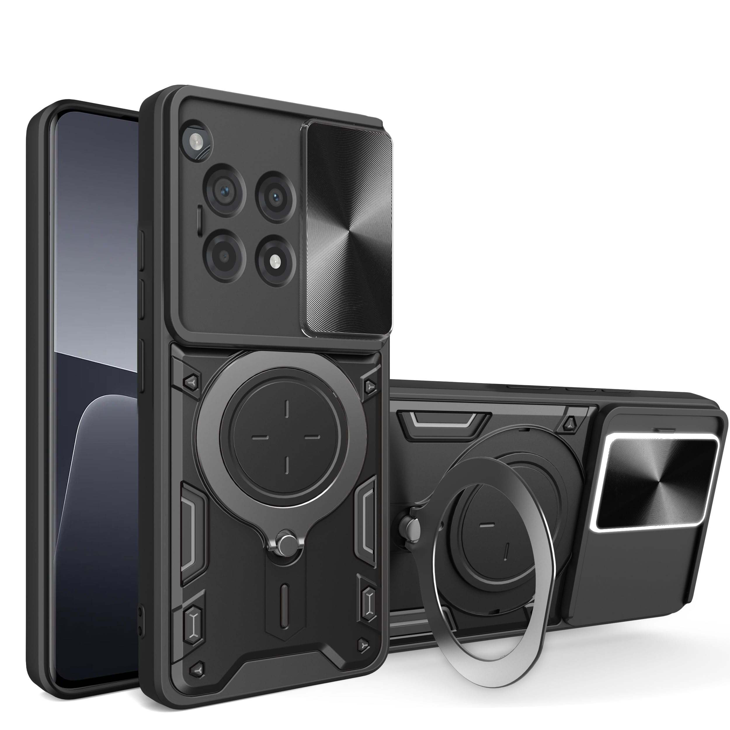 For OnePlus 12R 5G Case with Slide Camera Cover & Rotated Ring Kickstand, Military Grade 360° Drop Shockproof Protective Cases for OnePlus 12R 5G - Black