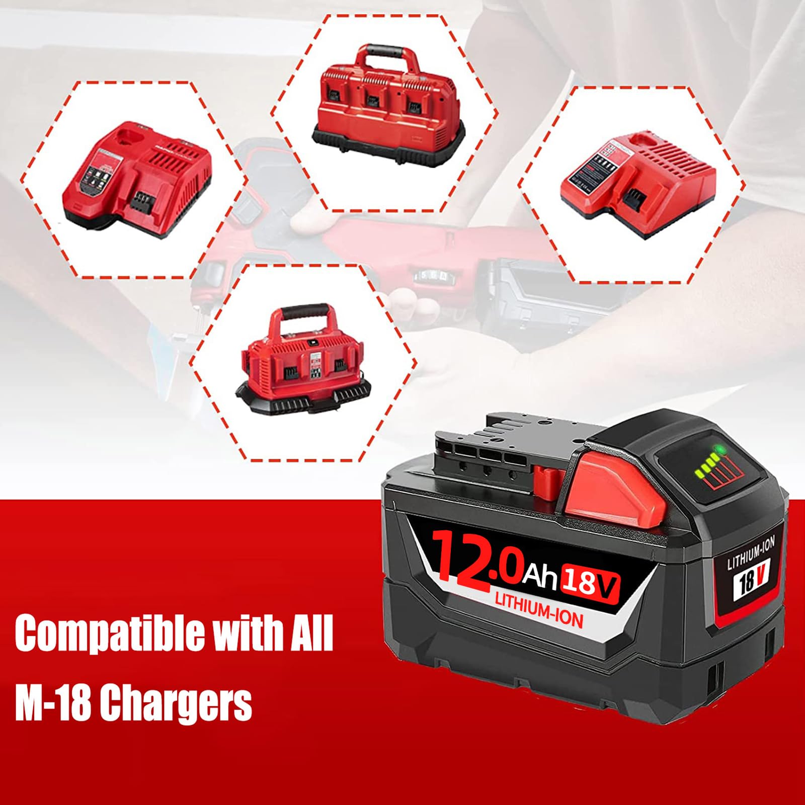 12Ah 18V Ersatzakku für Milwaukee M18 Akku Pack mit M18 Ladegerät Kompatibel mit Milwaukee M18 Lithium Akku 48-11-1890,48-11-1850, 48-11-1828, 48-11-1820,48-11-1815 Cordless Tools (12.0-2)