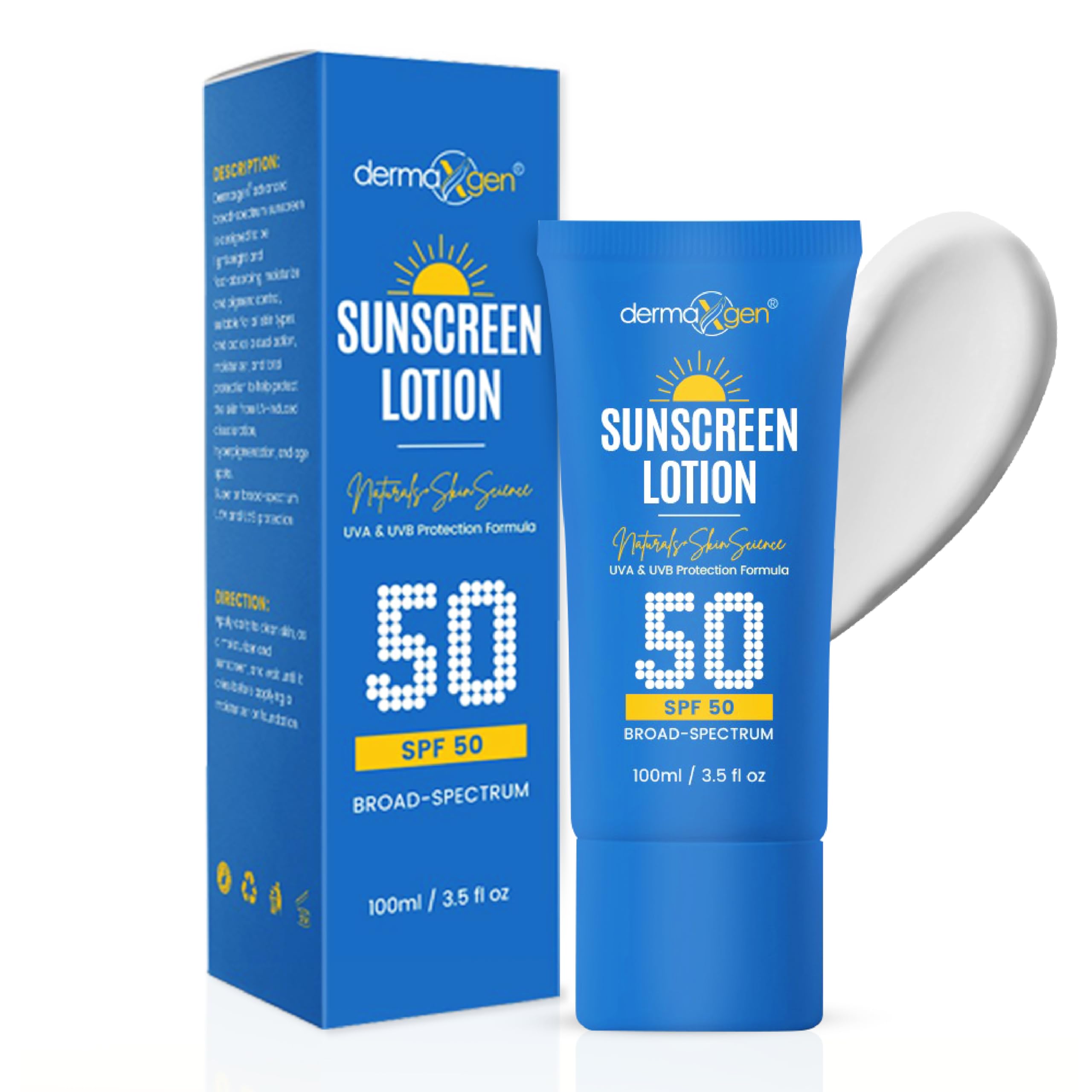 Dermaxgen Sunscreen Lotion Broad Spectrum SPF 50 – Lightweight, Non-Greasy Sun Protection for All Skin Types. Hydrates, Skin Shield, Water-Resistant Coverage for Radiant, Moisturized Skin.