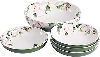 Bico Magnolia Floral Ceramic Pasta Bowl, Set of 5(1 unit 214oz, 4 units 35oz), for Pasta, Salad, Microwave & Dishwasher Safe