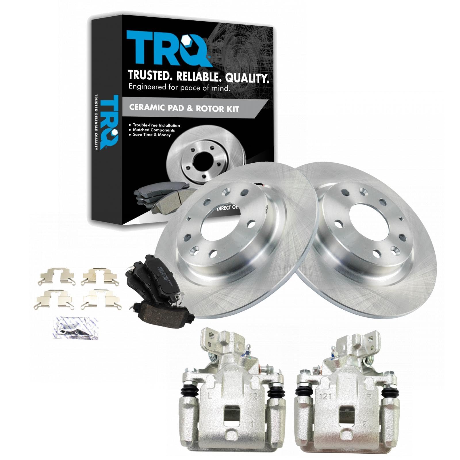 TRQ Rear Brake Pad and Rotor Set Ceramic Solid Rotors Calipers