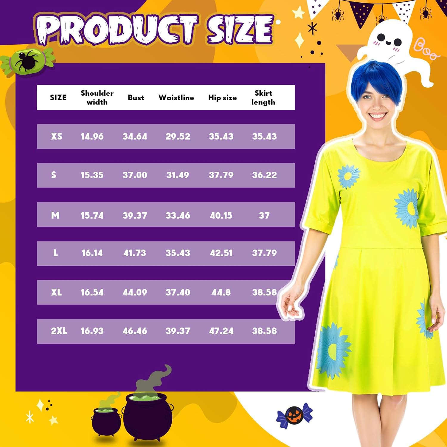 Chuangdi 3 Pcs Halloween Costume Set Include Short Blue Wig Yellow Movie Party Dress Crystal Ball for Women - Image 3