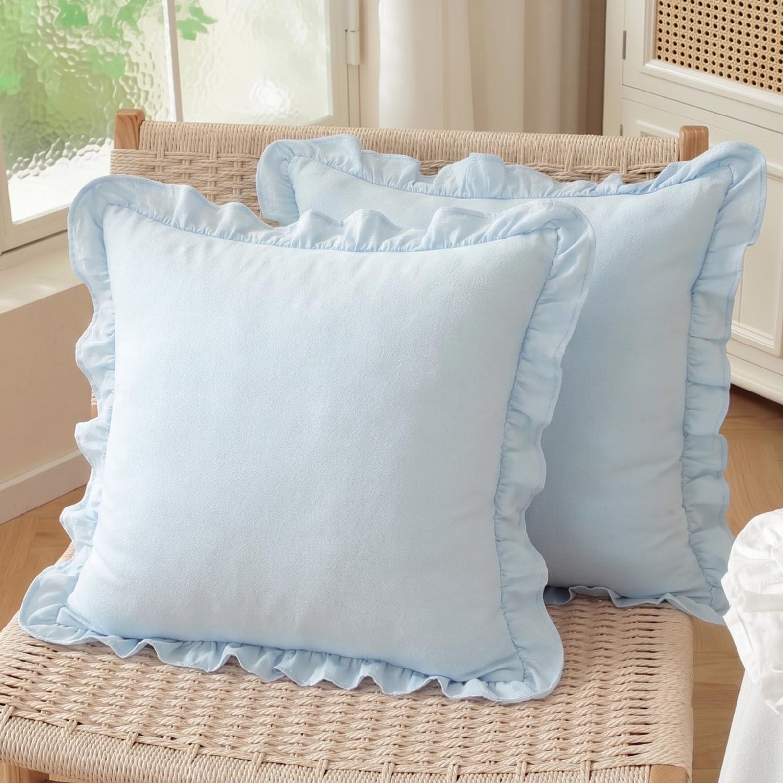 HOSTECCO Pack of 2 Light Blue Ruffle Cushion Covers 50x50 cm, Solid Color Decorative Pillow Cases with Frill Edge, Romantic Cottage Home Decor