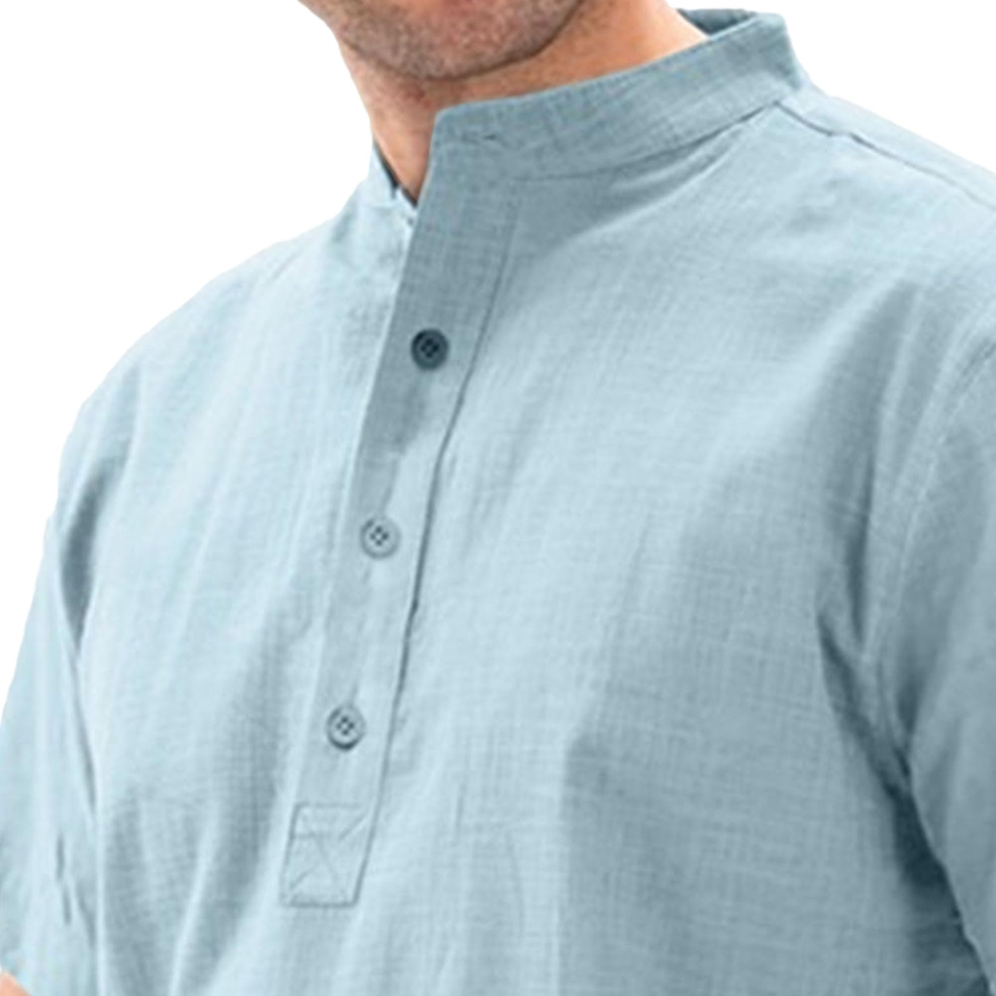 Men Solid Stand Collar Button T Shirt Casual Short Sleeve Pullover Tops Summer Quarter Button Loose Polo Shirt (Light Blue,Small)