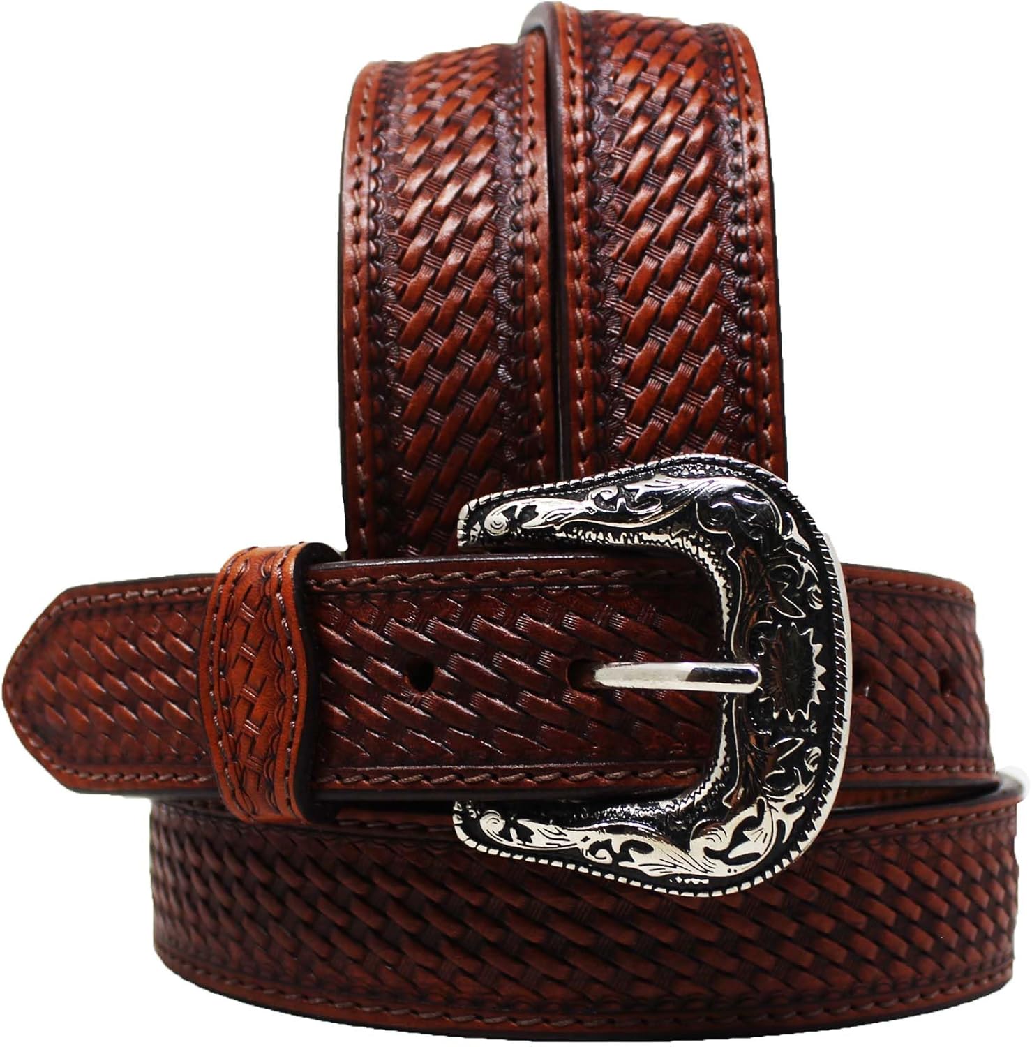 CHALLENGER Western 1-3/4" Tapered Basket Weave Full-Grain Brown Leather Belt 26RS09T