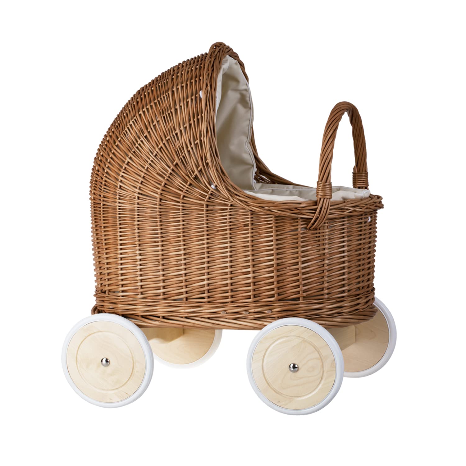 e-wicker24 Duży wózek dla lalek z wikliny w naturalnym kolorze, wózek do nauki chodzenia