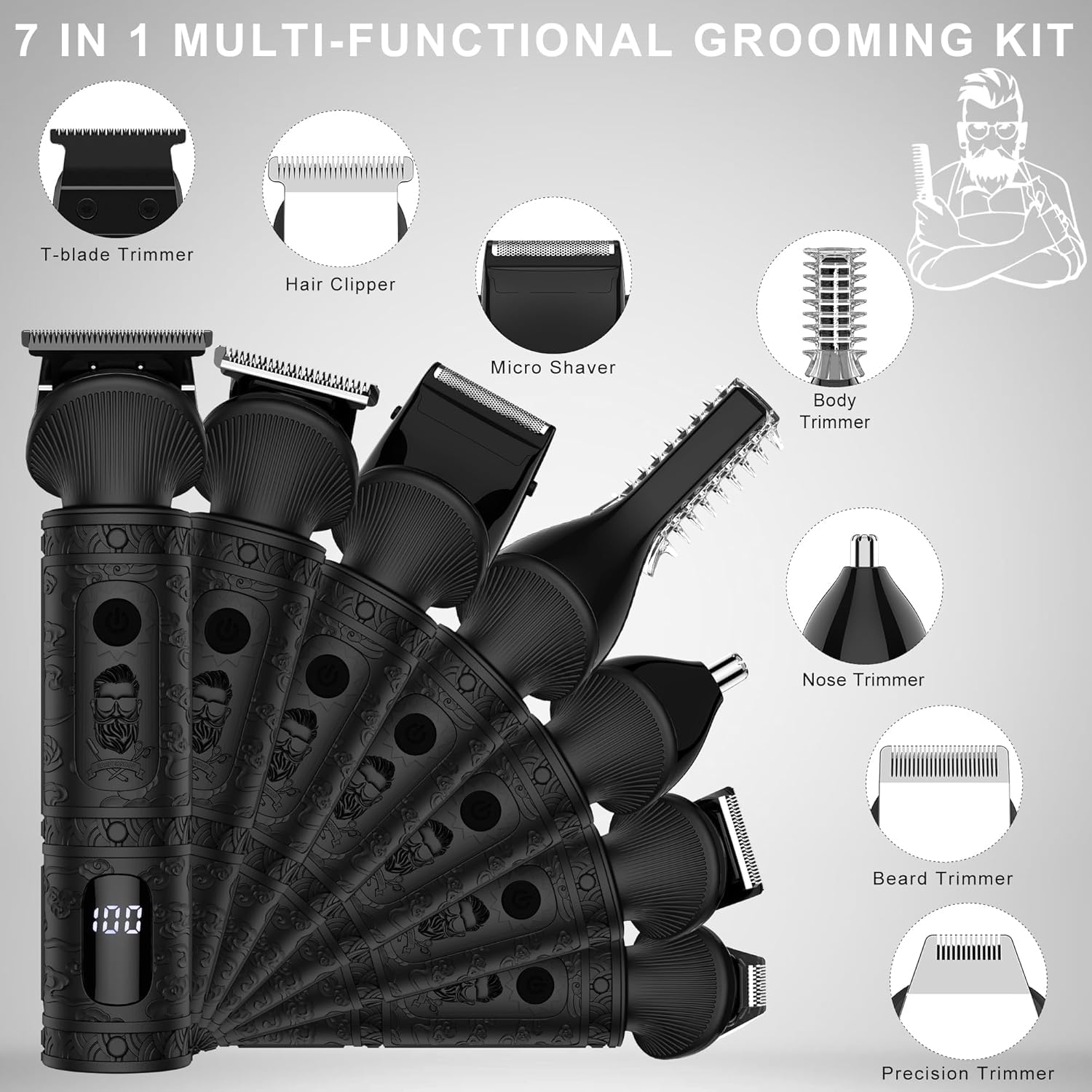 Surker Regolabarba uomo Rasoio Elettrico Barba Capelli Corpo Macchinetta per Barba Beard Trimmer Clipper Kit T-Blade Rasoio per Capelli 7 in 1，Nero