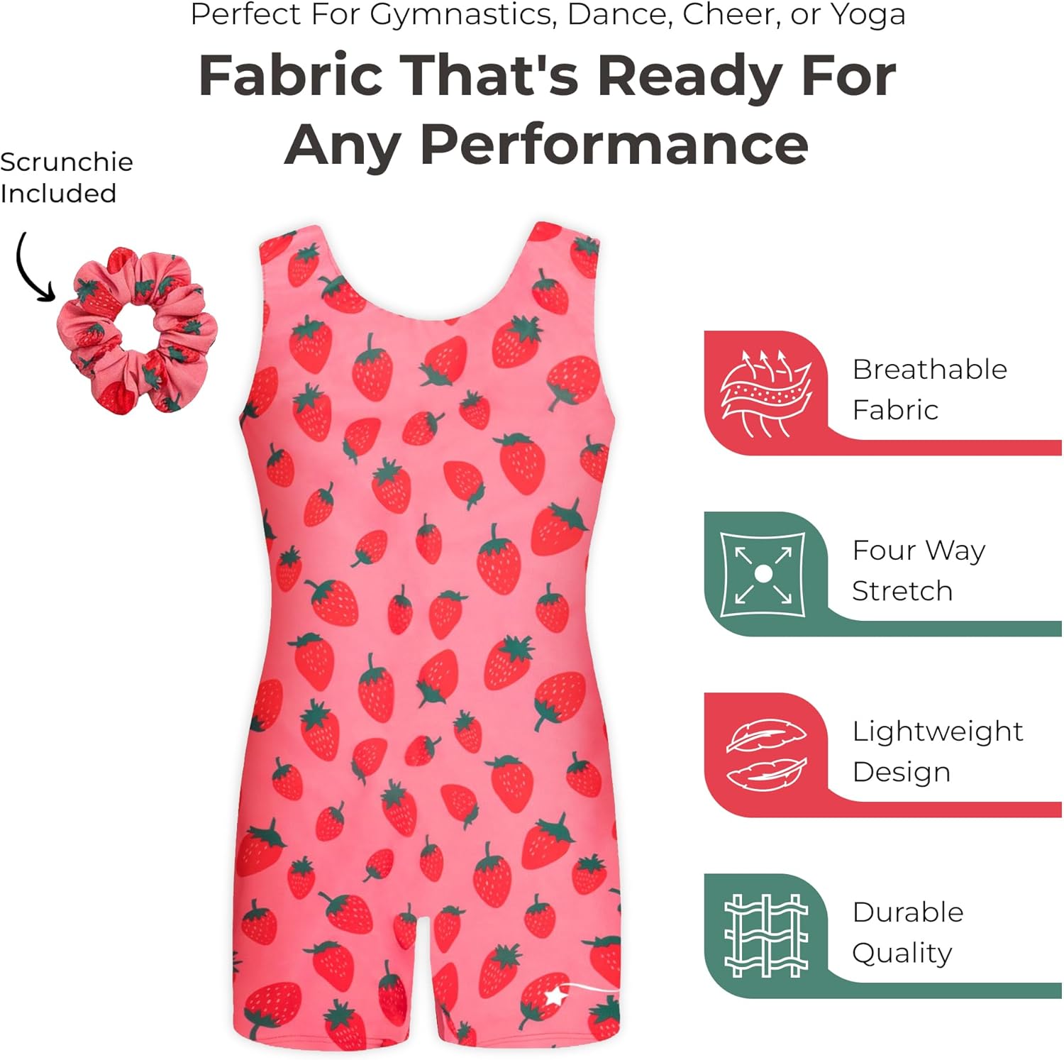 Destira Strawberry Fields Gymnastics Unitards for Girls, Fun Red and Pink Biketard With Matching Scrunchie - Image 3