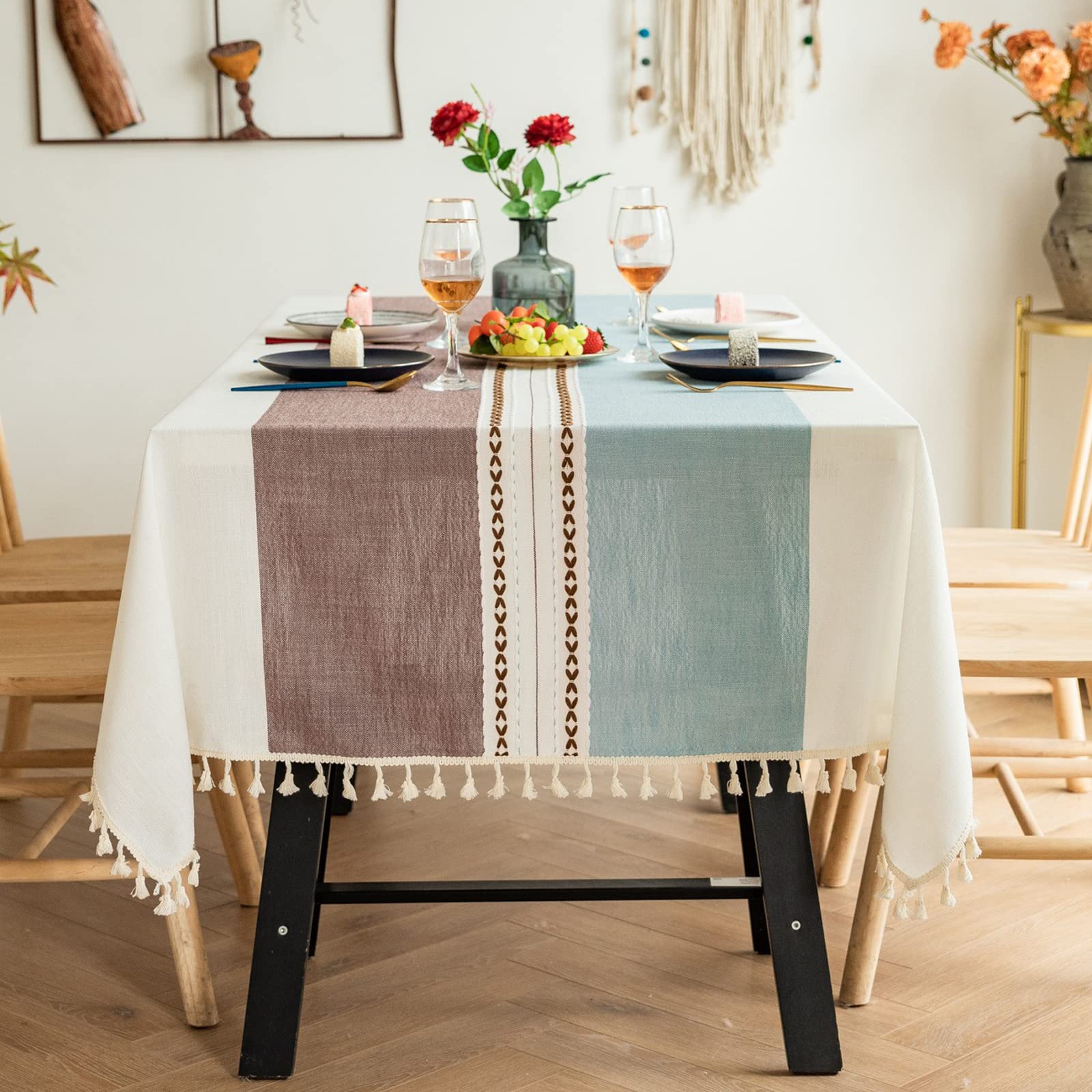 Musolaree Rectangle Tablecloth Tassel Cotton Linen Table Cloth Farmhouse Embroidery Table Cover Wrinkle Free Table Decoration for Indoor and Outdoor Party Kitchen Dinning Picnic(Blue and tan,55 * 70)